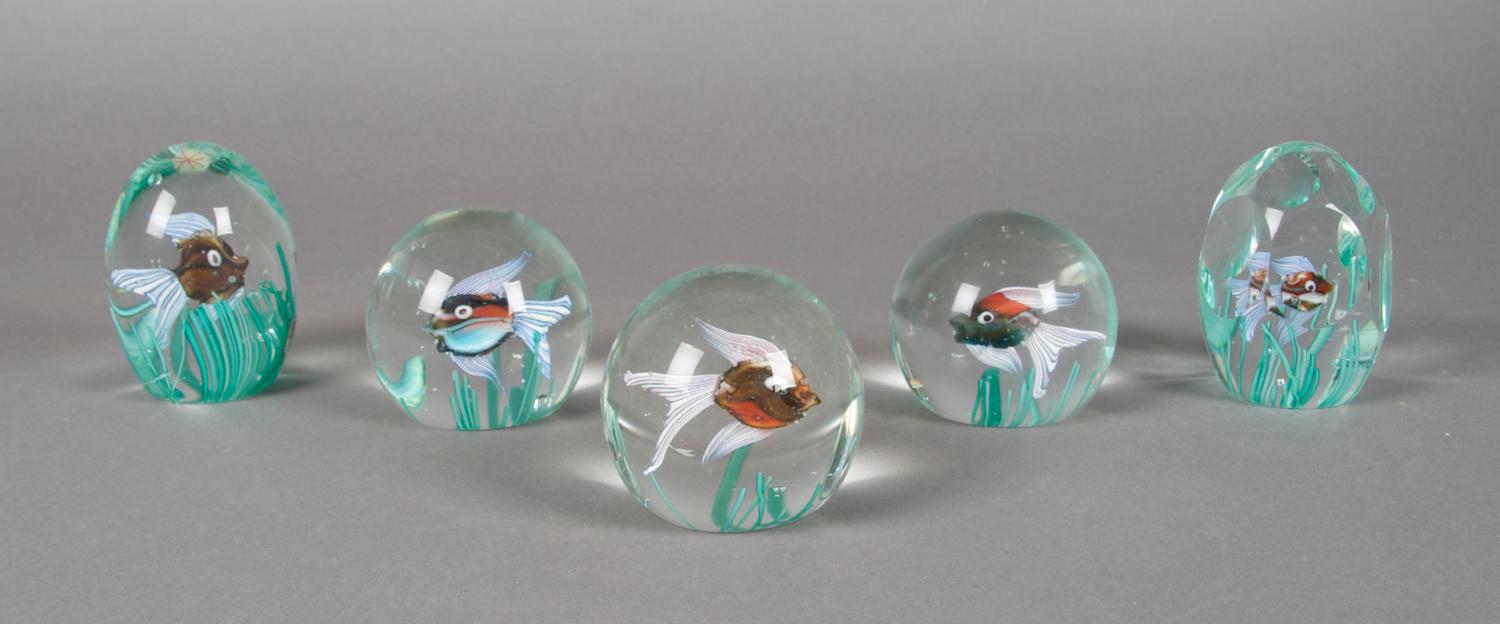 A Collection of Five Murano Glass Paperweights, Diameter 3 1/8 inches.