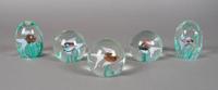 A Collection of Five Murano Glass Paperweights, Diameter 3 1/8 inches.