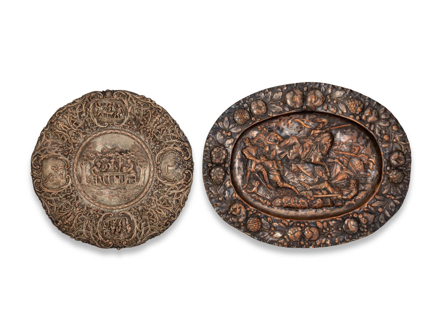 Two Silvered Metal Repousse Plaques