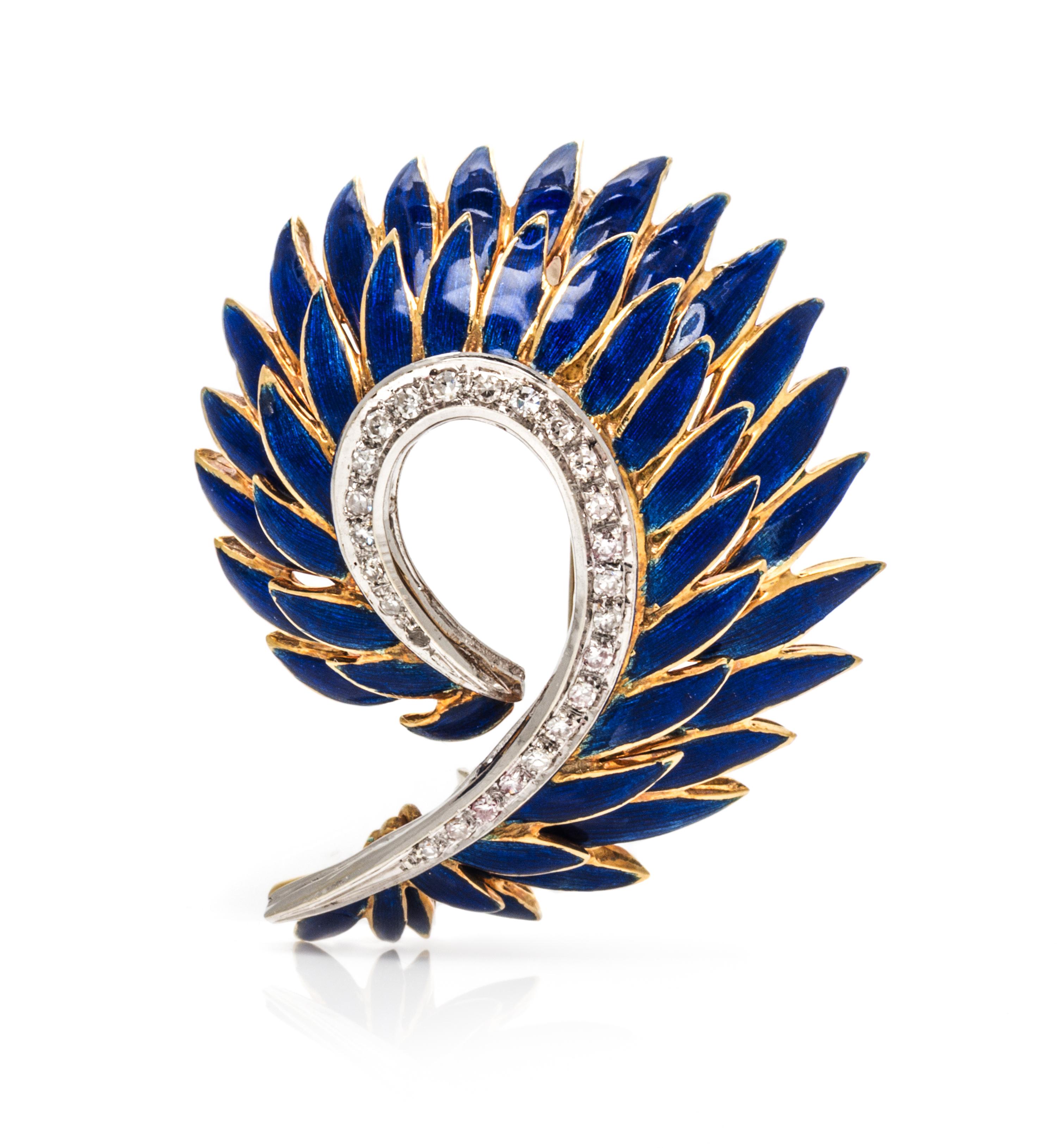 An 18 Karat Yellow Gold, Diamond and Enamel Diamond Brooch, Italy, 8.80 dwts.