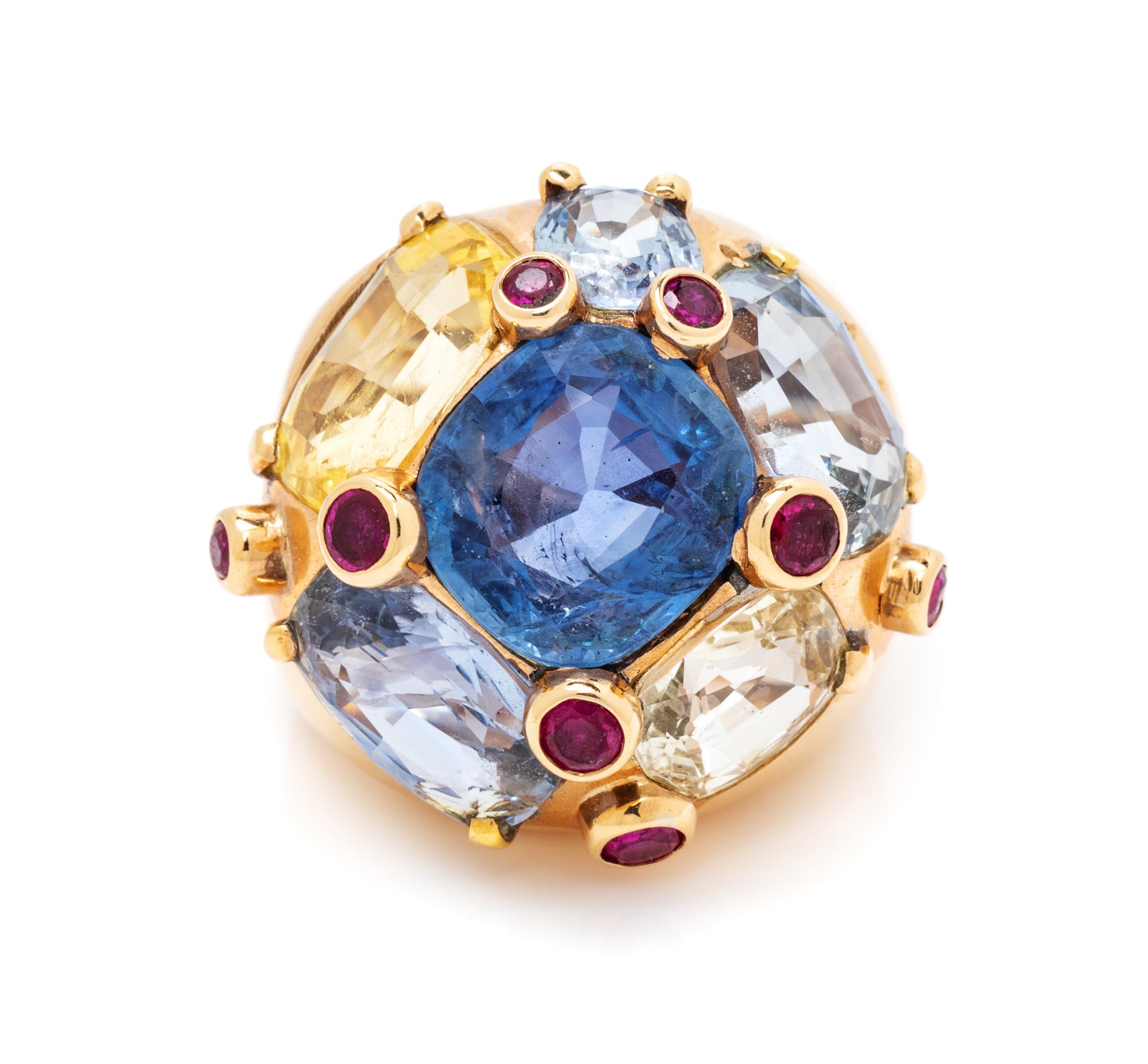 A Vintage Yellow Gold, Sapphire and Ruby Bombe Ring, 9.00 dwts.