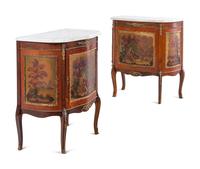 A Pair of Louis XV Style Gilt Metal Mounted Vernis Martin Marble-Top Commodes