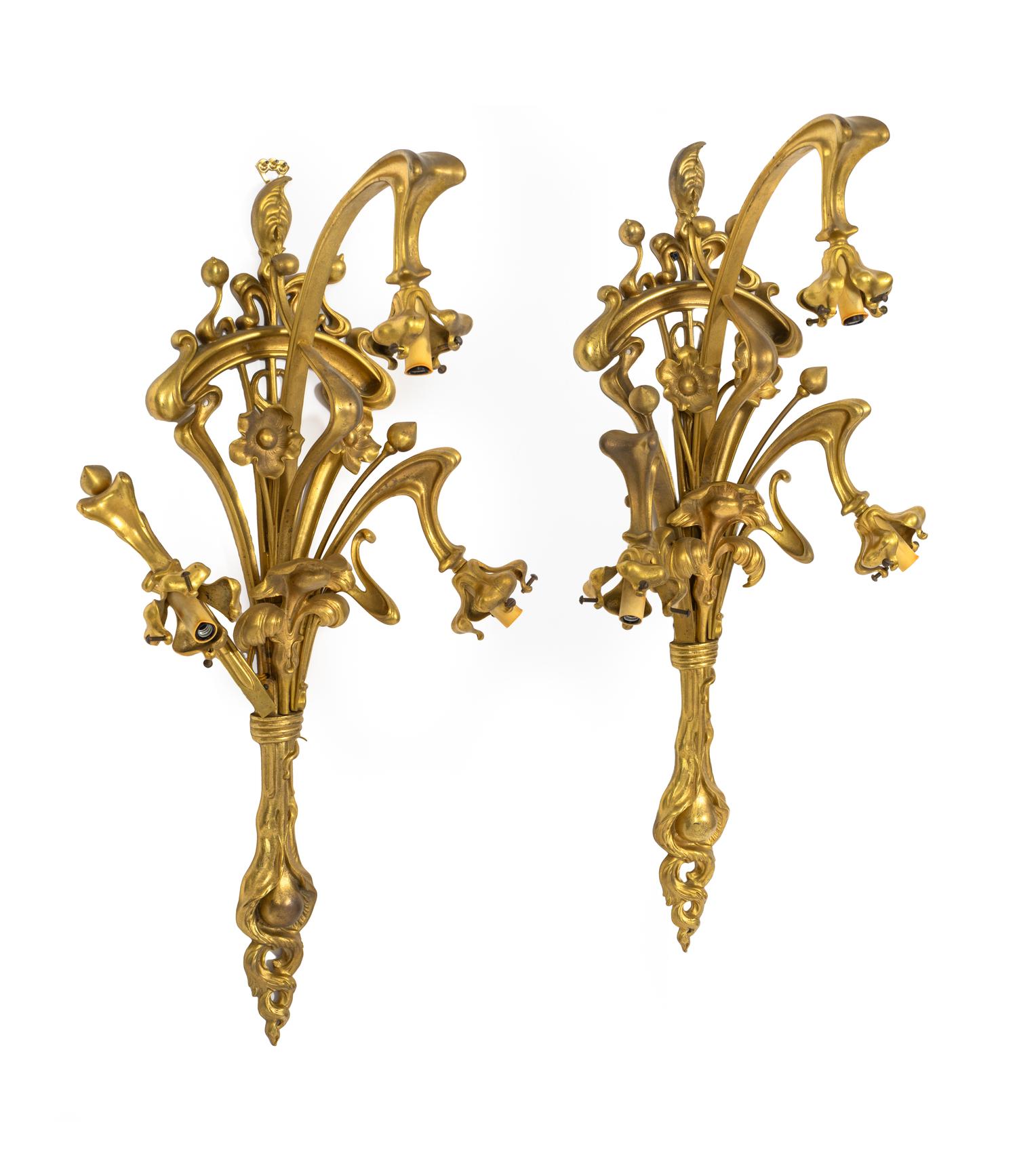 A Pair of Art Nouveau Gilt Bronze Three-Light Sconces