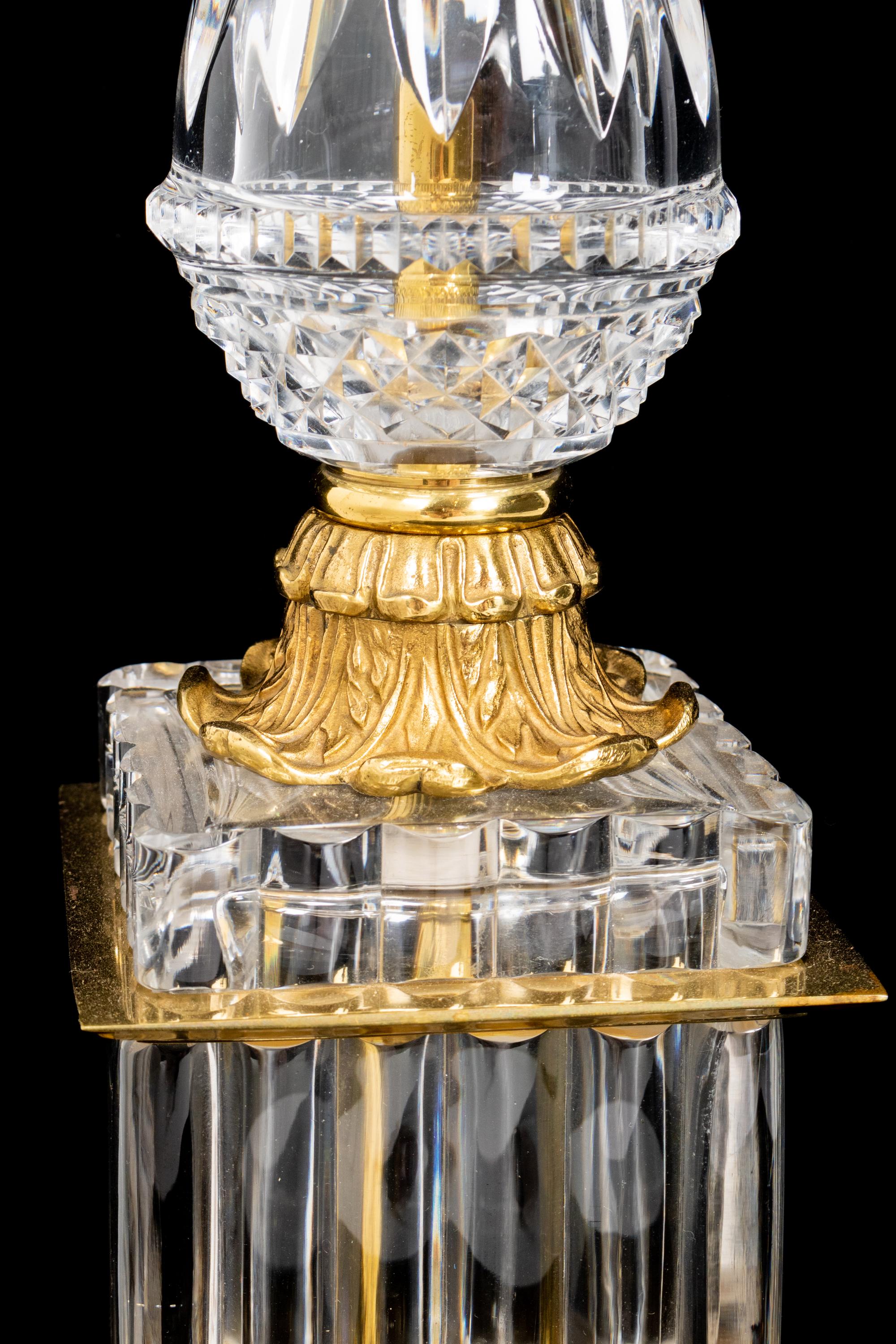 A Pair of Empire Style Gilt Metal Mounted Glass Table Lamps