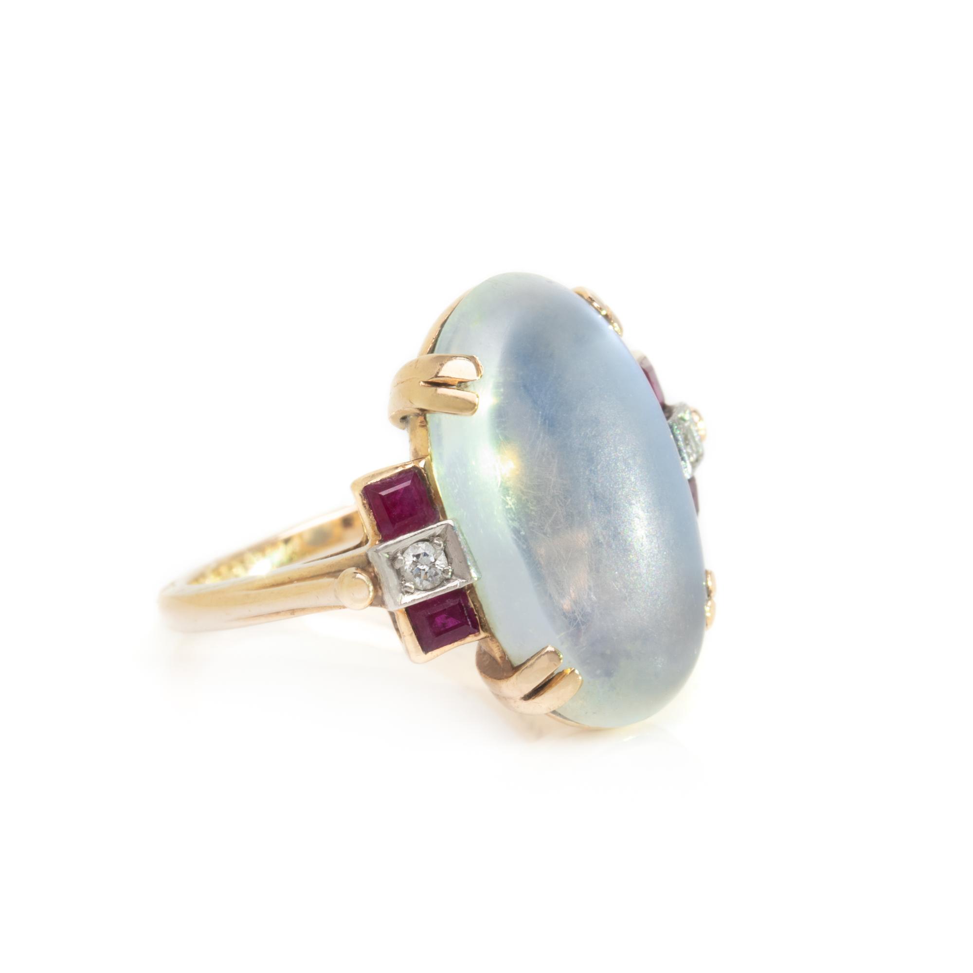 MOONSTONE, RUBY, AND DIAMOND RING