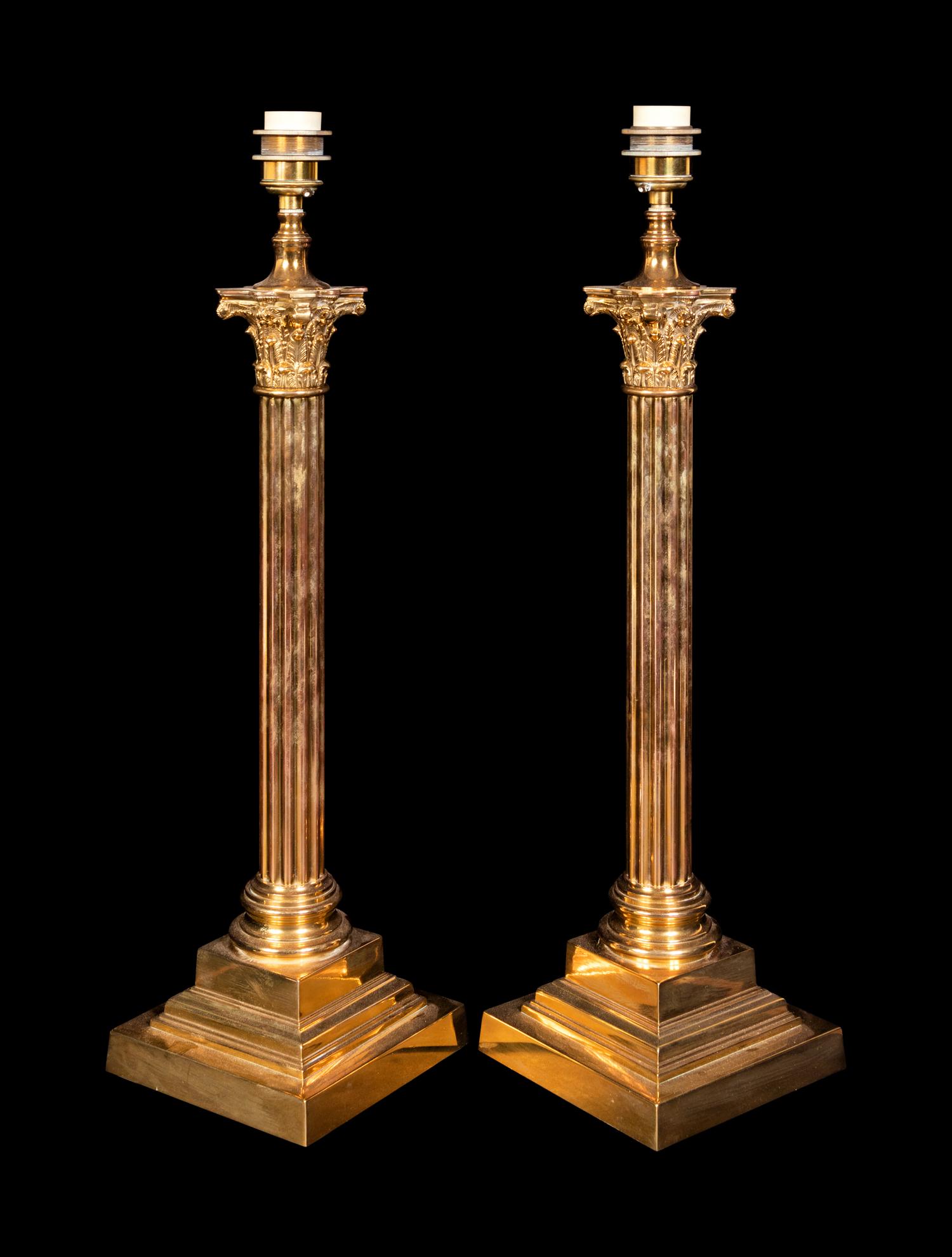 A Pair of Brass Corinthian Column Lamps