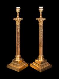A Pair of Brass Corinthian Column Lamps