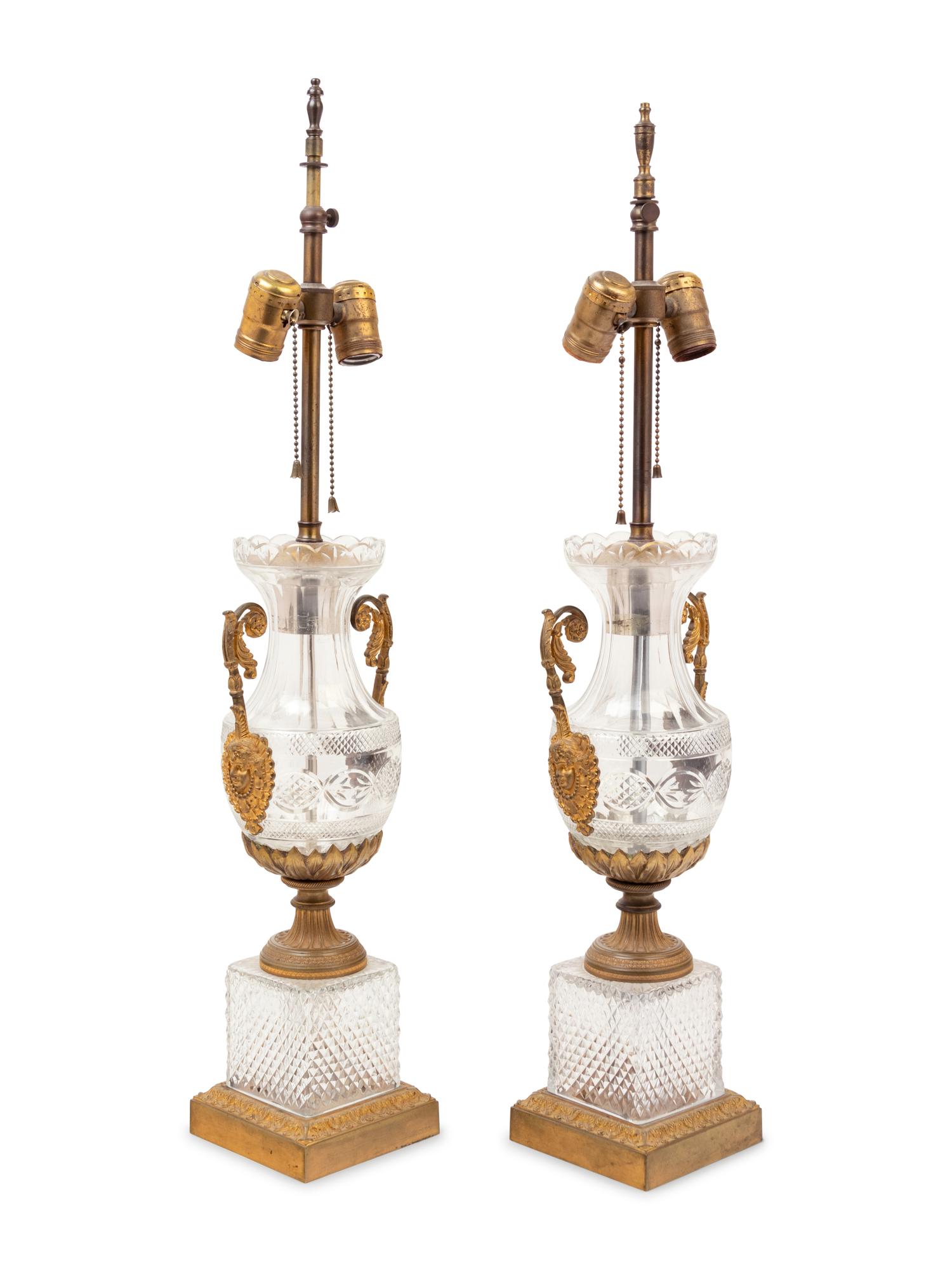 A Pair of French Gilt Bronze Mounted Cut Glass Lamps