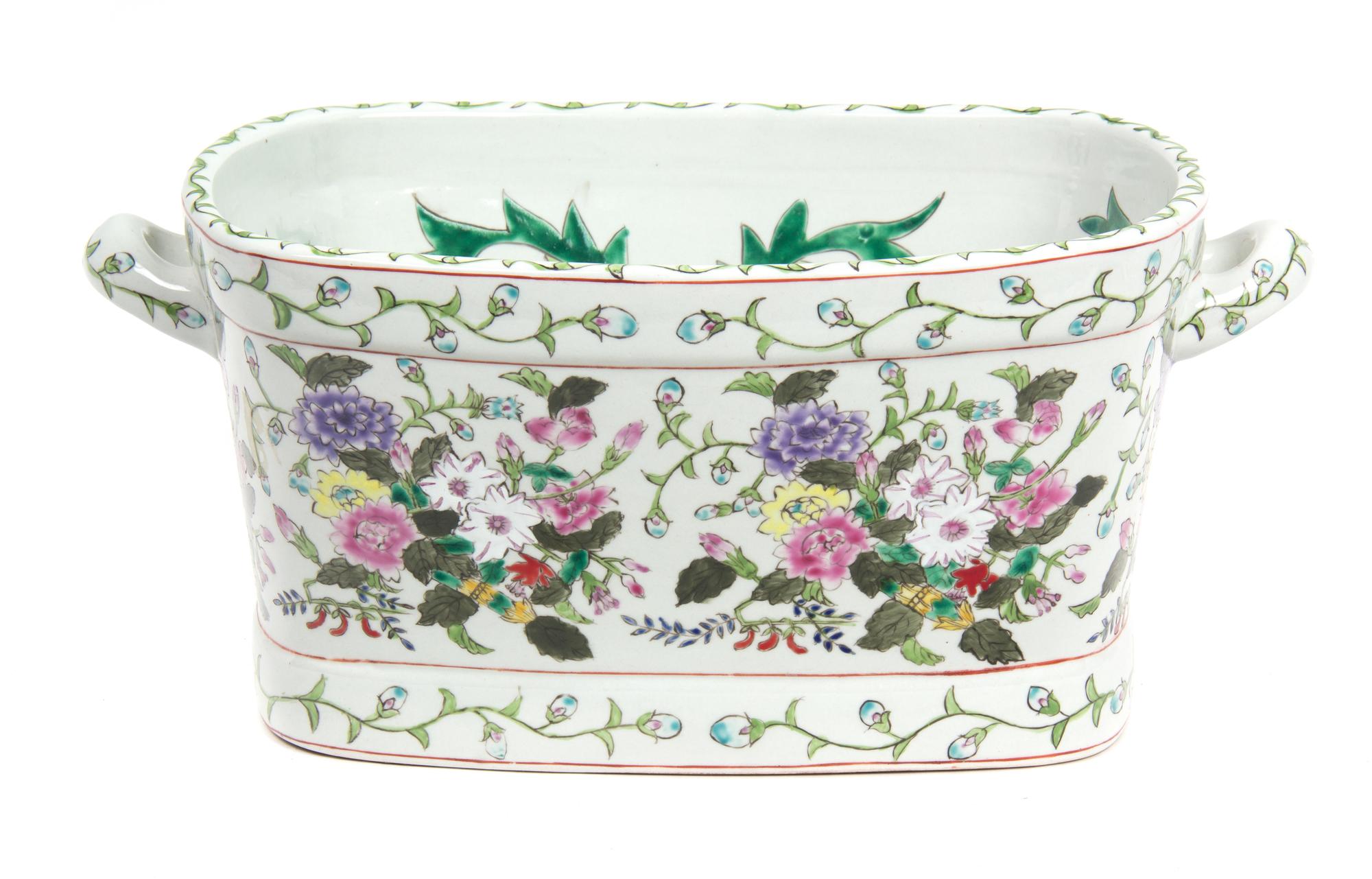 Continental Ceramic Cache Pot Height 7 1/4 inches, length 17 inches. — 20TH CENTURY