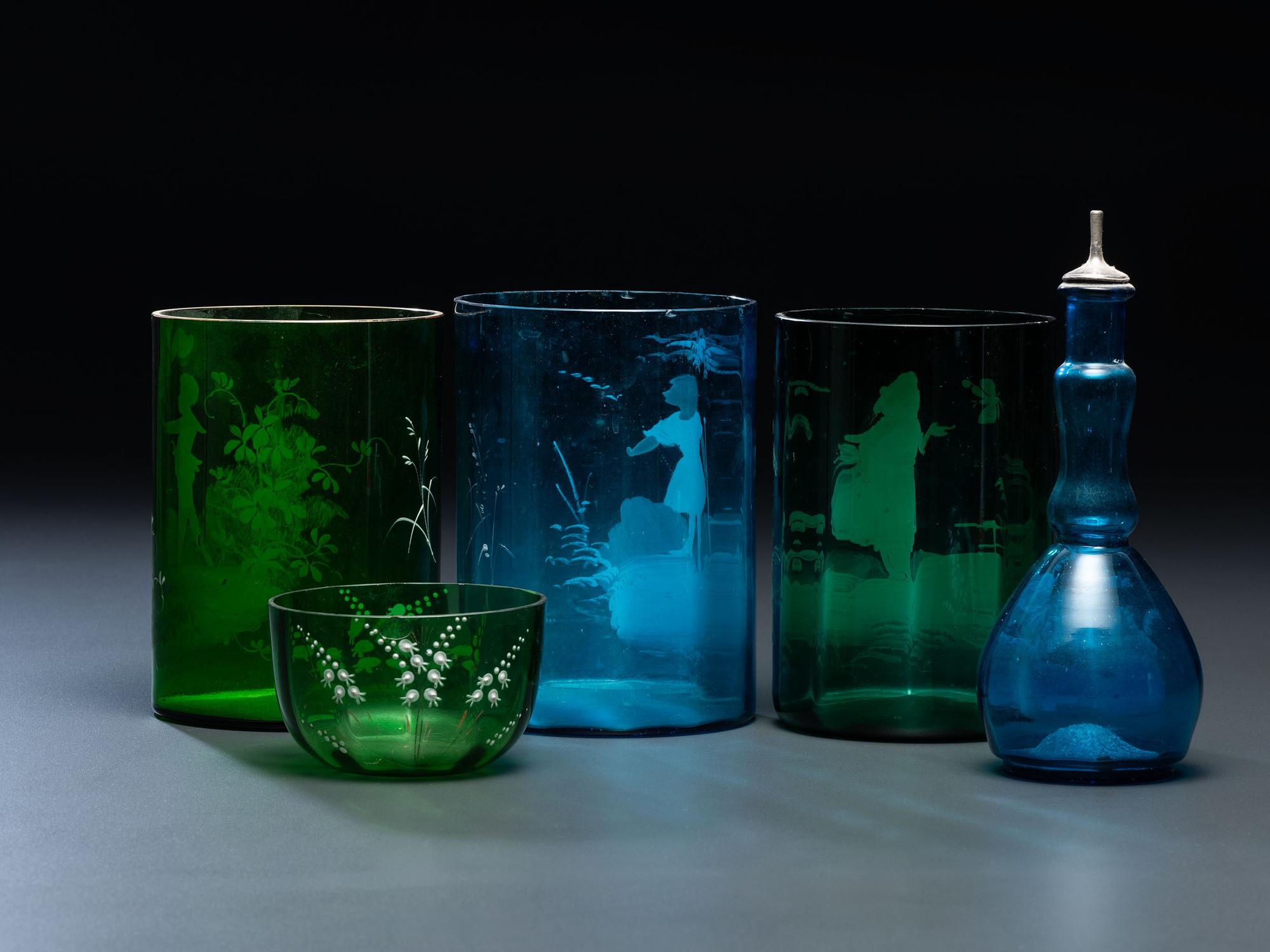 Five 'Mary Gregory' Enameled Glass Barber Items