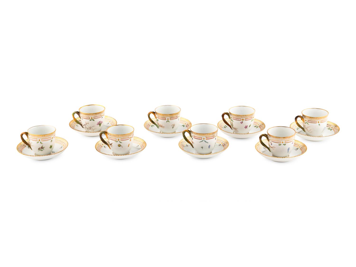 A Set of Eight Royal Copenhagen Flora Danica Porcelain Teacups and Saucers
