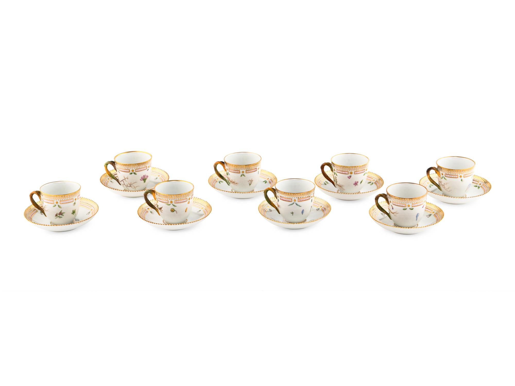 A Set of Eight Royal Copenhagen Flora Danica Porcelain Teacups and Saucers