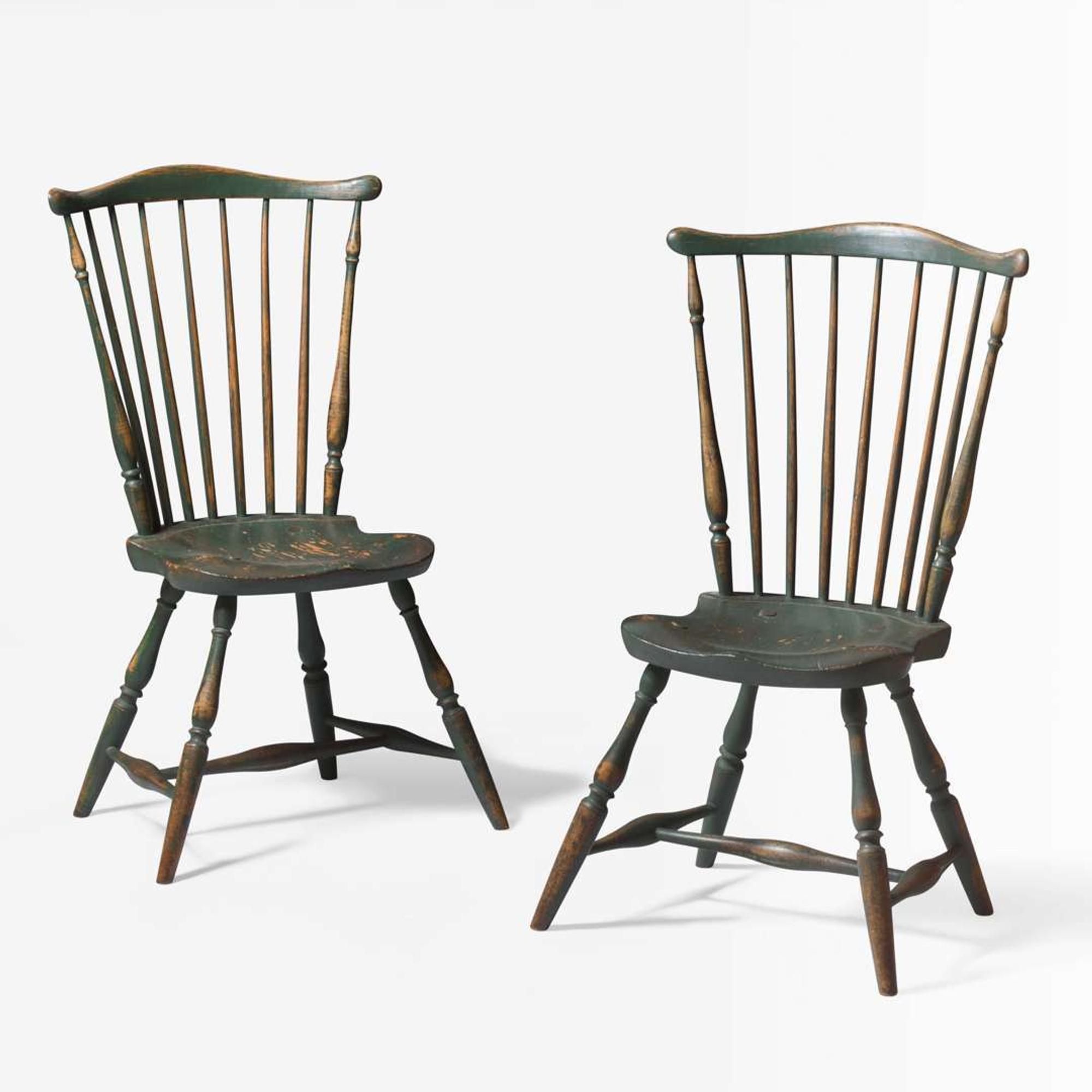 A pair of green-painted fan-back Windsor side chairs; late18th century