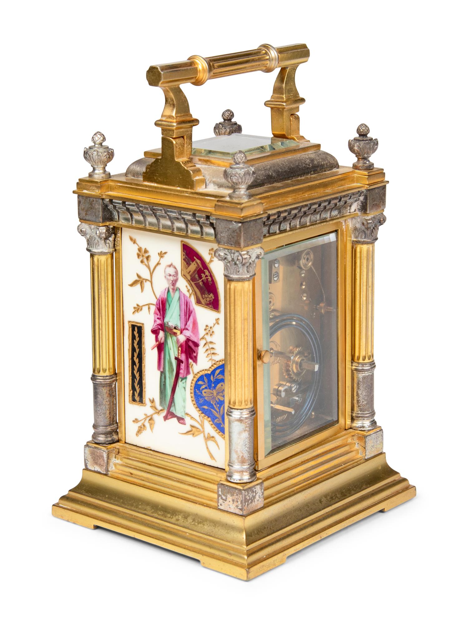 A French Silvered and Gilt Brass Porcelain-Mounted Carriage Clock