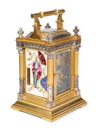 A French Silvered and Gilt Brass Porcelain-Mounted Carriage Clock
