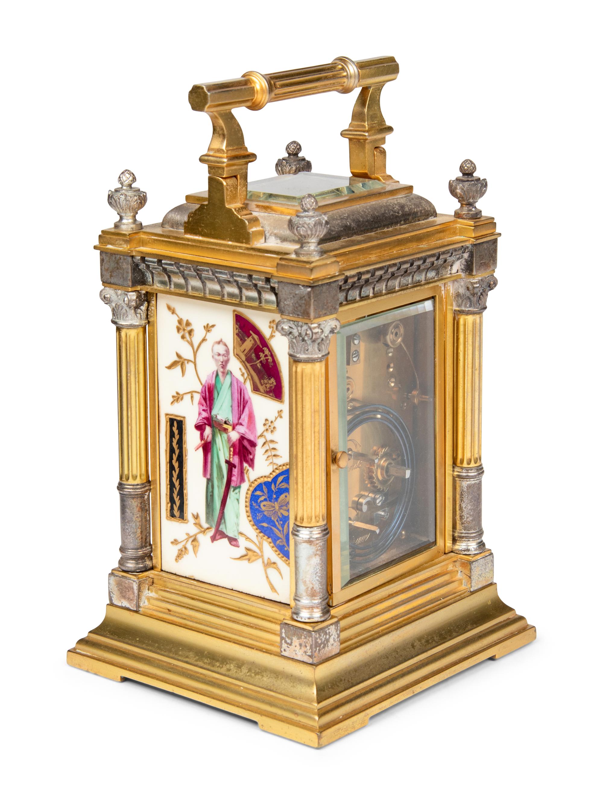 A French Silvered and Gilt Brass Porcelain-Mounted Carriage Clock