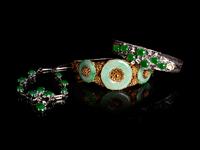 Three Chinese Jadeite Inset Silvered and Gilt Metal Jewelry