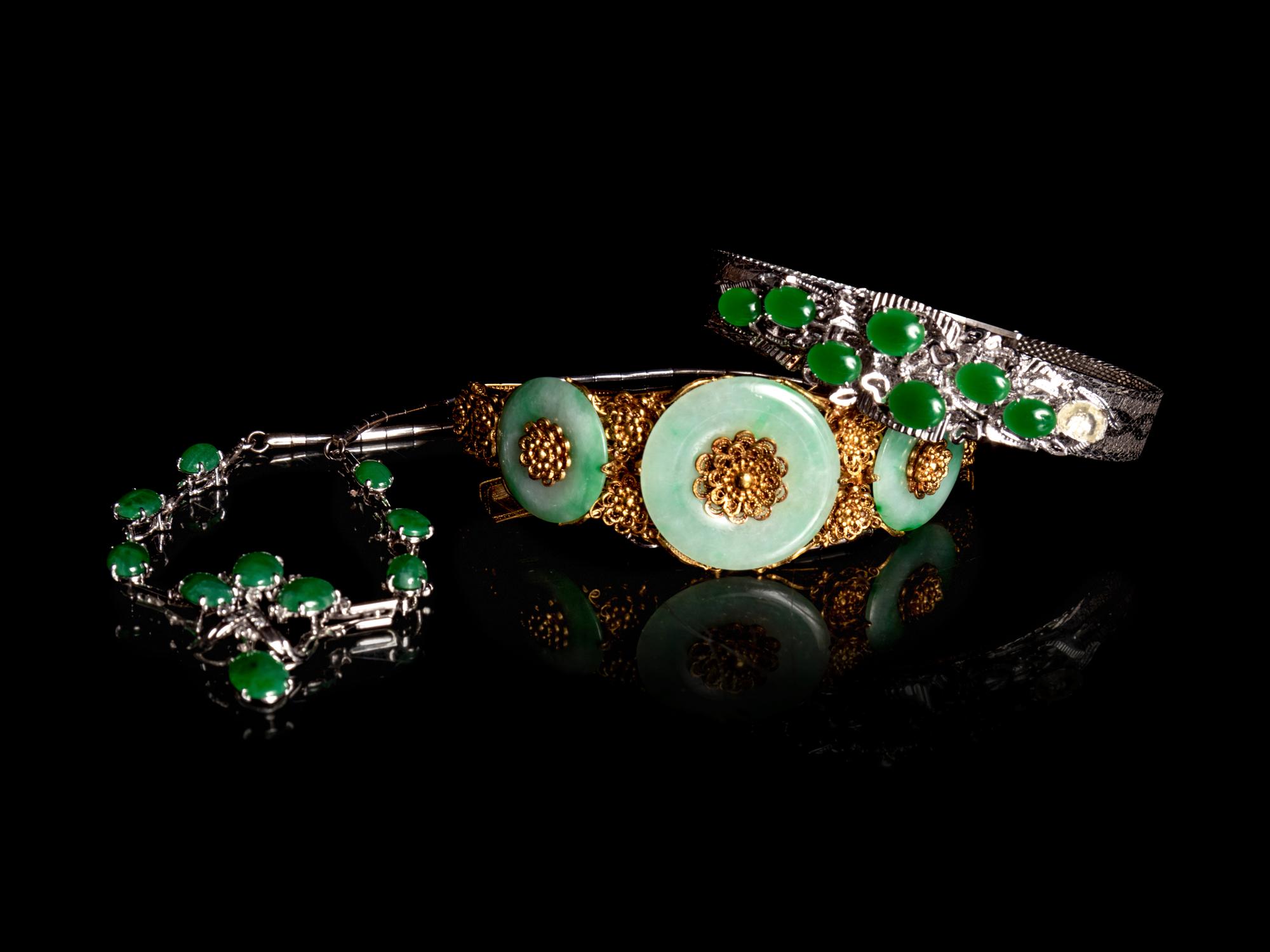 Three Chinese Jadeite Inset Silvered and Gilt Metal Jewelry