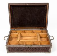 A Carved Wood Sewing Box Height 4 1/2 x width 12 7/8 x depth 9 1/4 inches.