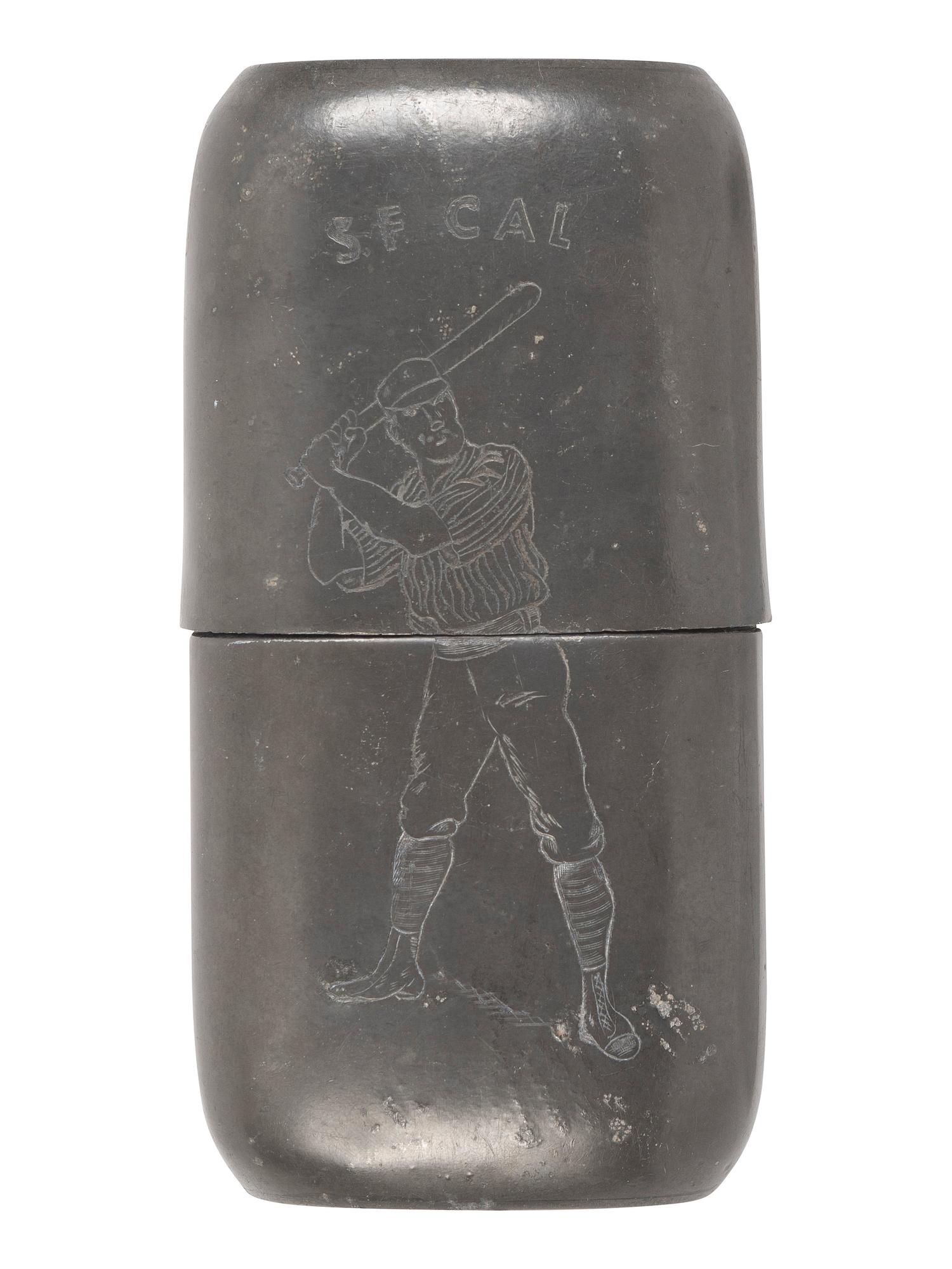 [SPORTS]. Antique pewter flask featuring illustration of a baseball player, San Francisco, CA.
