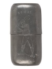 [SPORTS]. Antique pewter flask featuring illustration of a baseball player, San Francisco, CA.
