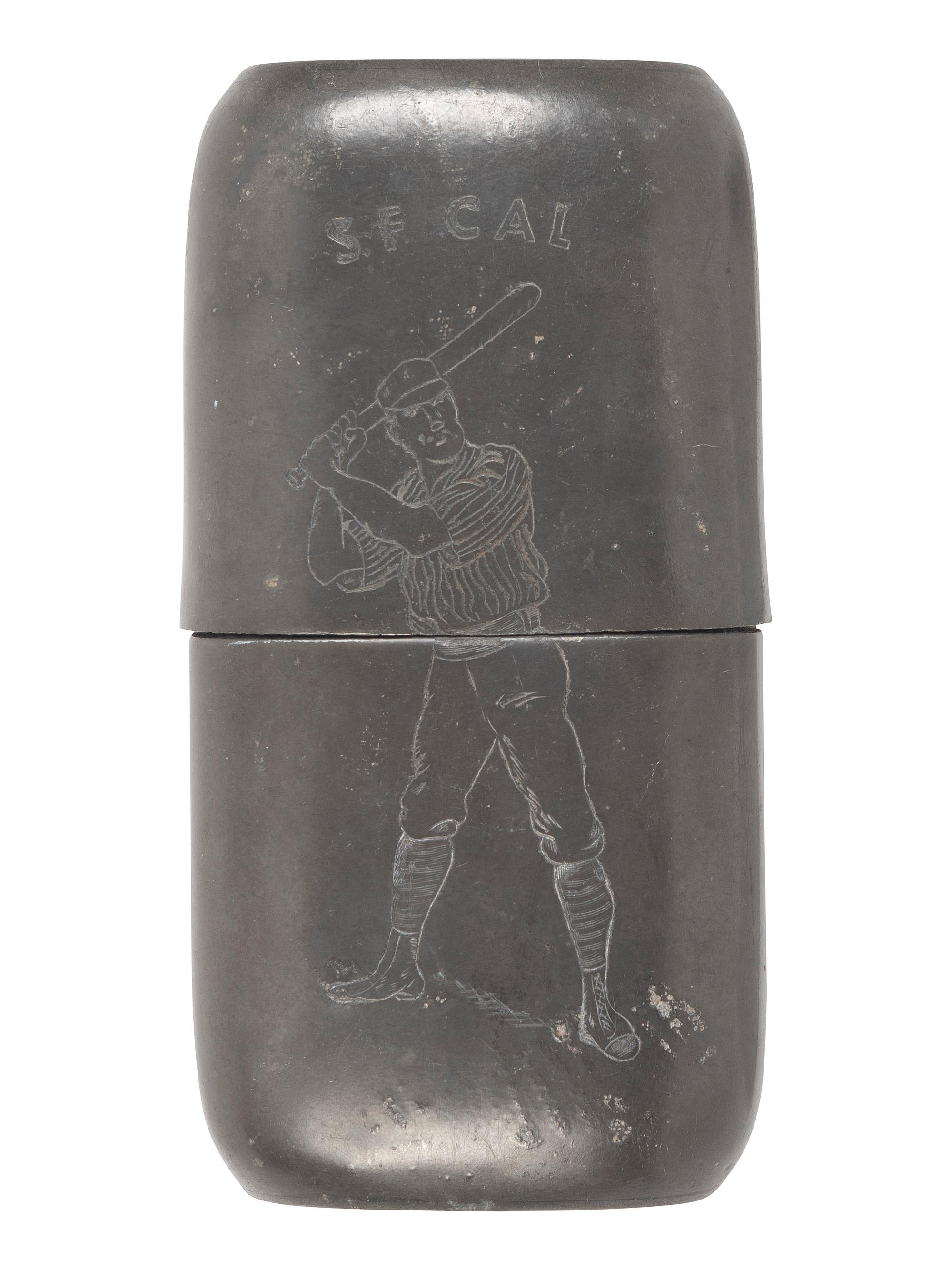 [SPORTS]. Antique pewter flask featuring illustration of a baseball player, San Francisco, CA.