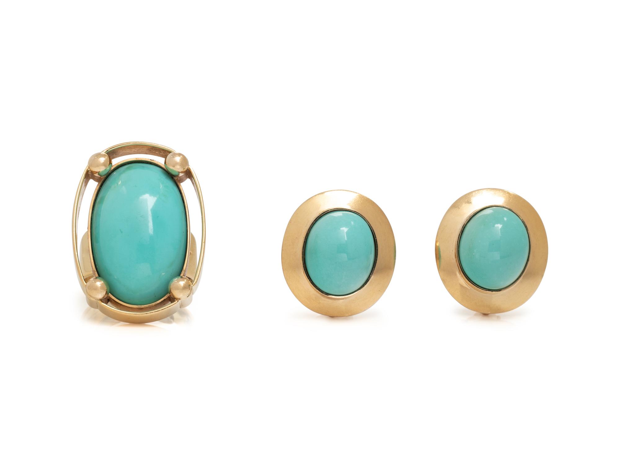 YELLOW GOLD AND TURQUOISE RING AND EARRINGS SUITE