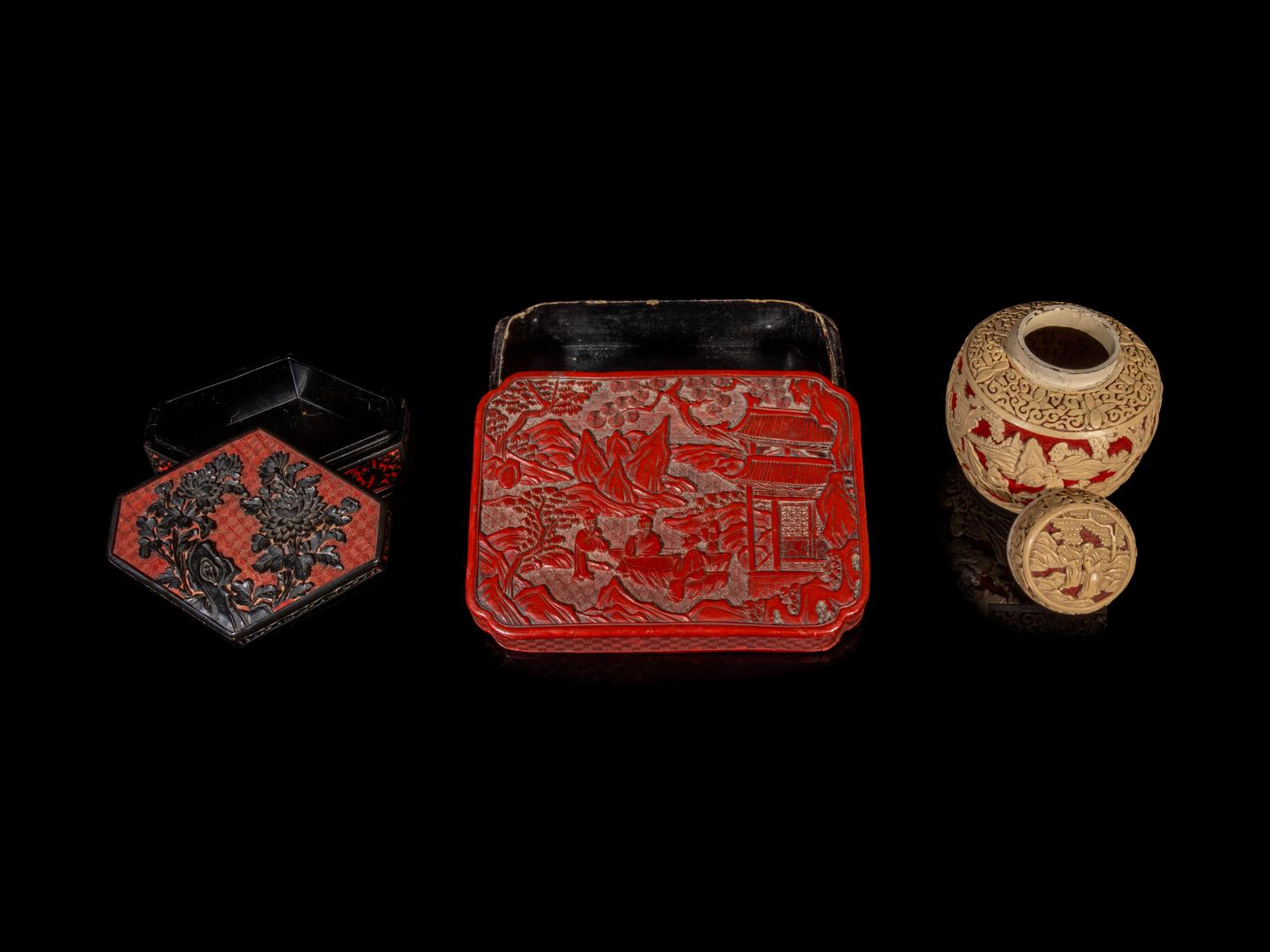 Three Chinese Carved Red Lacquer Articles