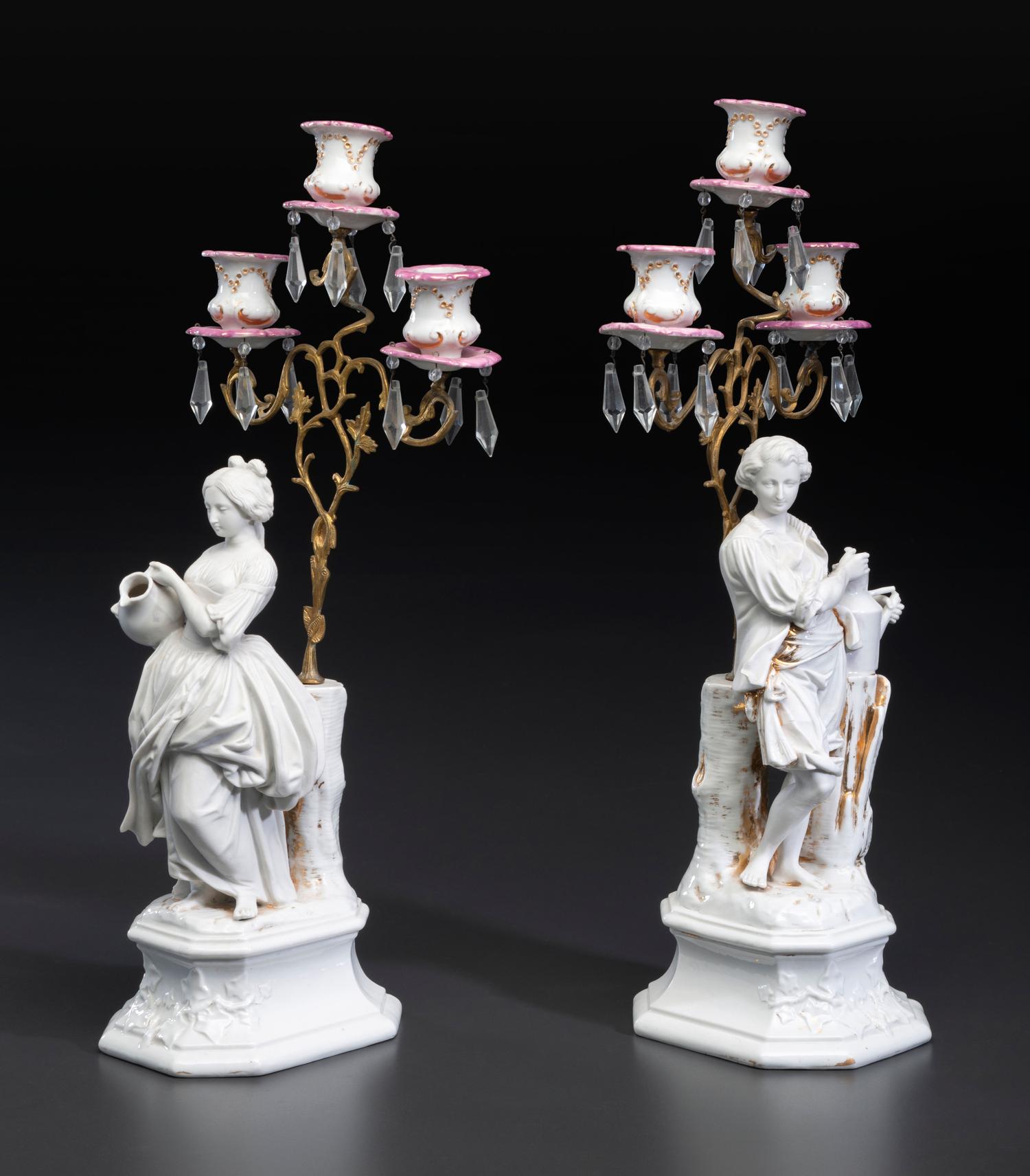 A Pair of French Parian and Enameled Metal Three-Light Figural Candelabra