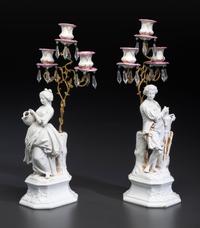 A Pair of French Parian and Enameled Metal Three-Light Figural Candelabra