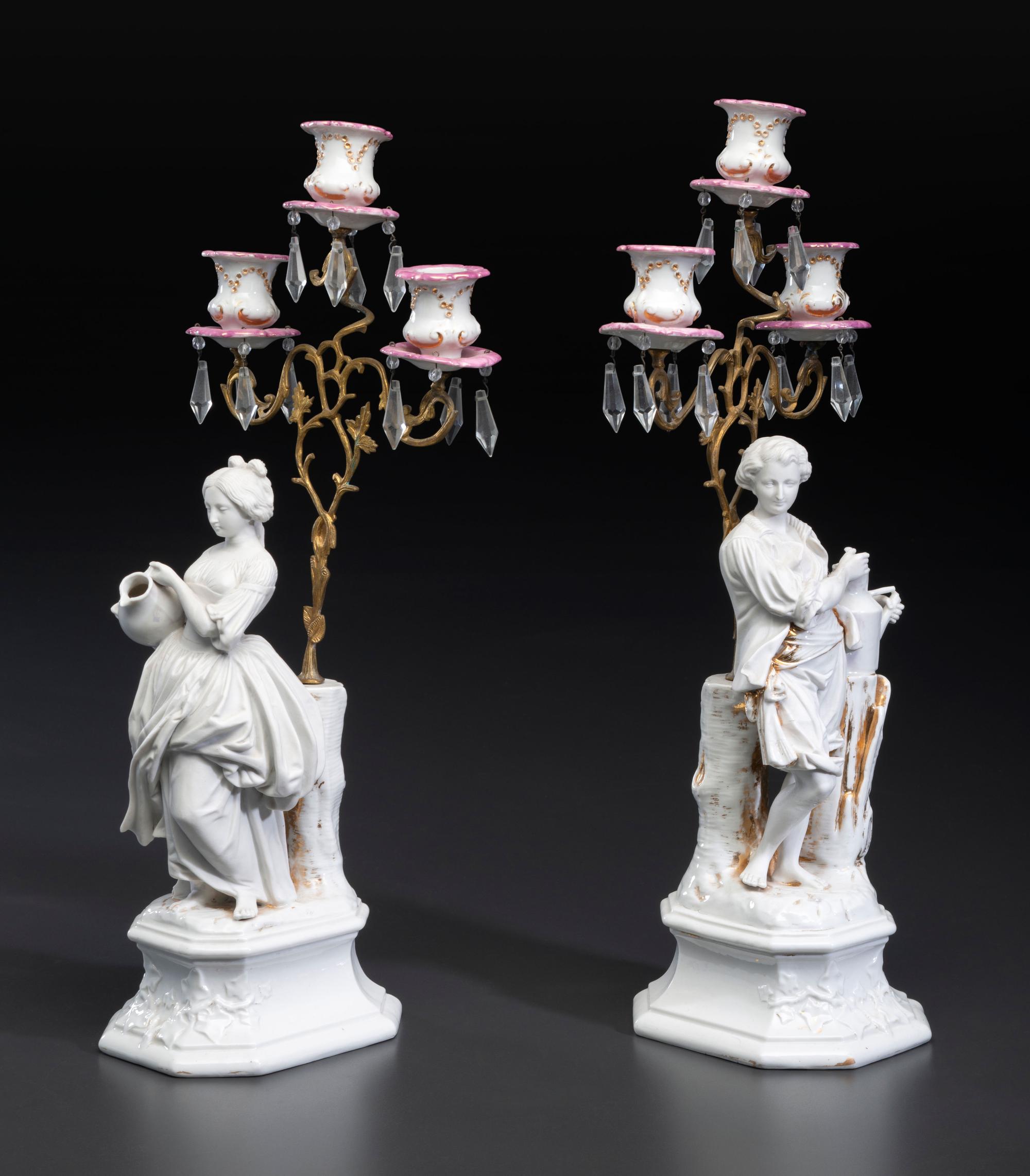 A Pair of French Parian and Enameled Metal Three-Light Figural Candelabra