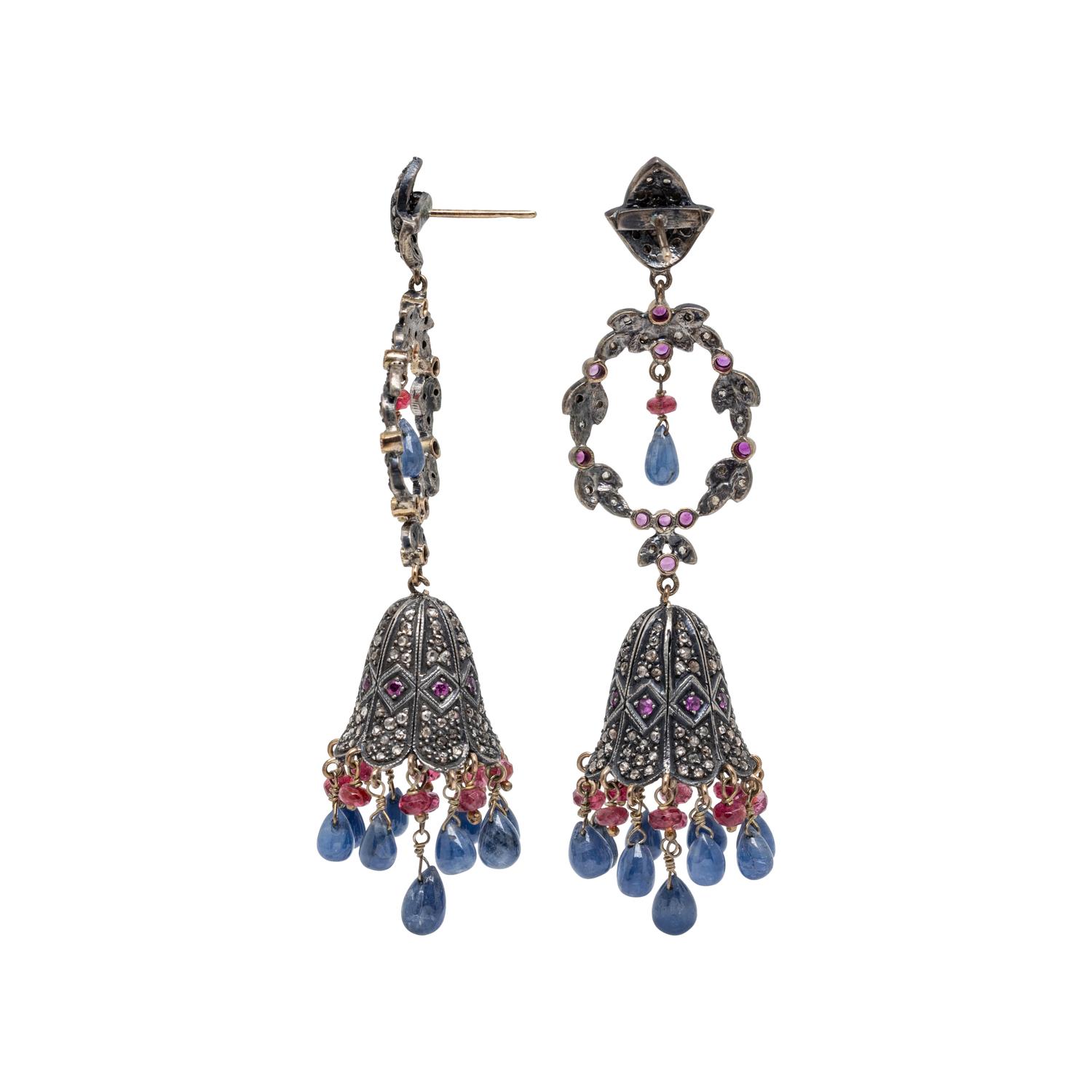 RUBY, SAPPHIRE, AND DIAMOND PENDANT EARRINGS