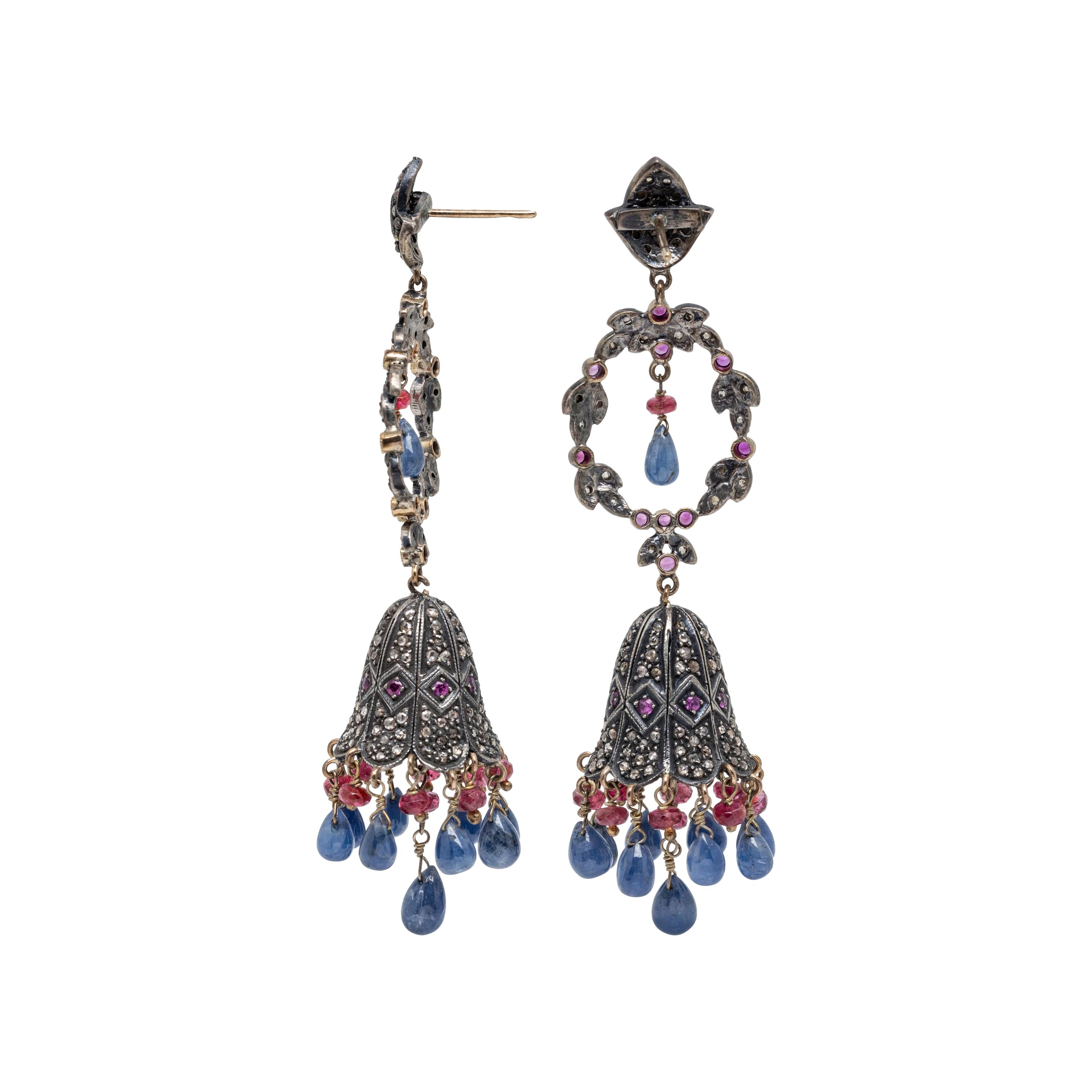 RUBY, SAPPHIRE, AND DIAMOND PENDANT EARRINGS