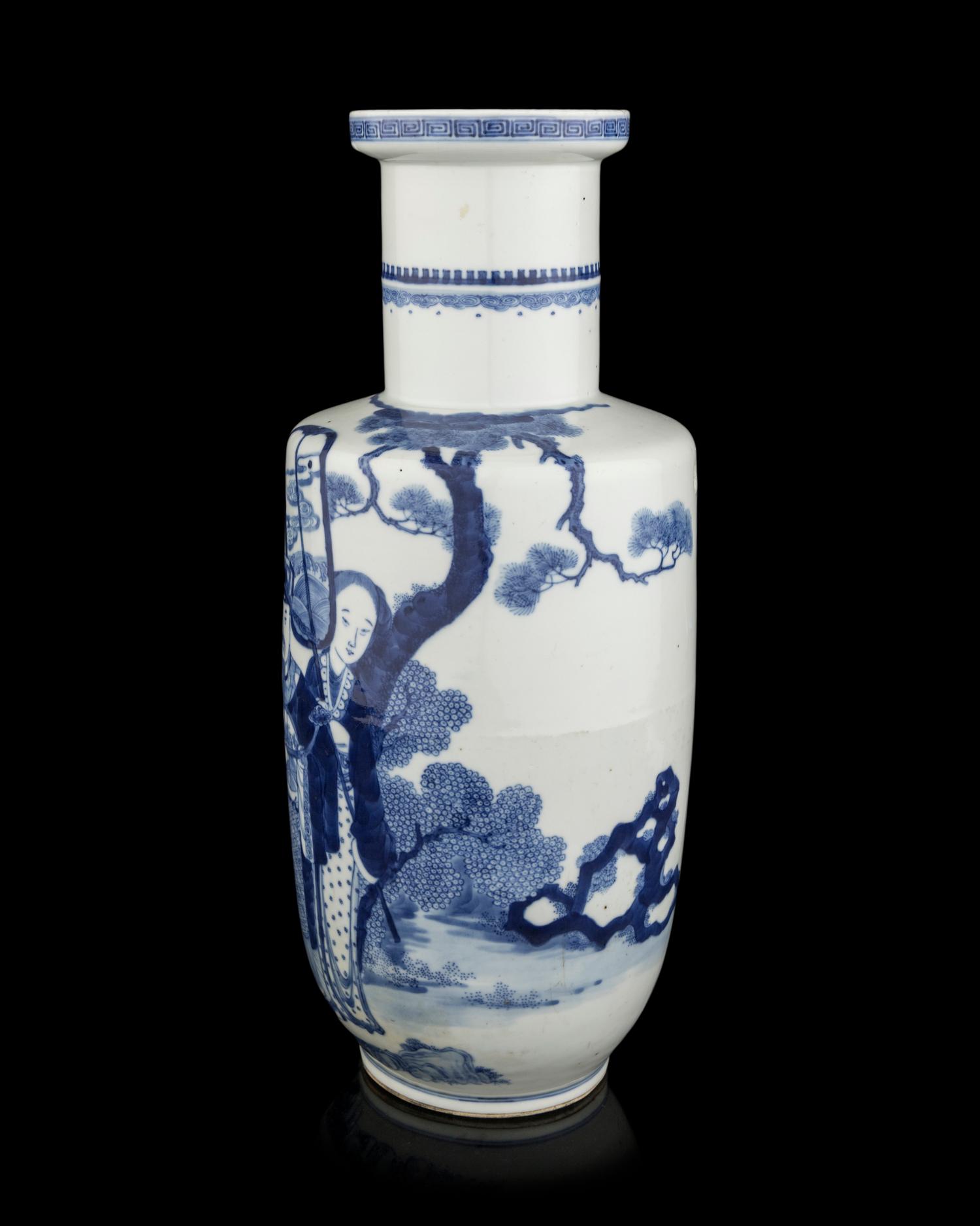 A Chinese Blue and White Porcelain 'Figures' Rouleau Vase