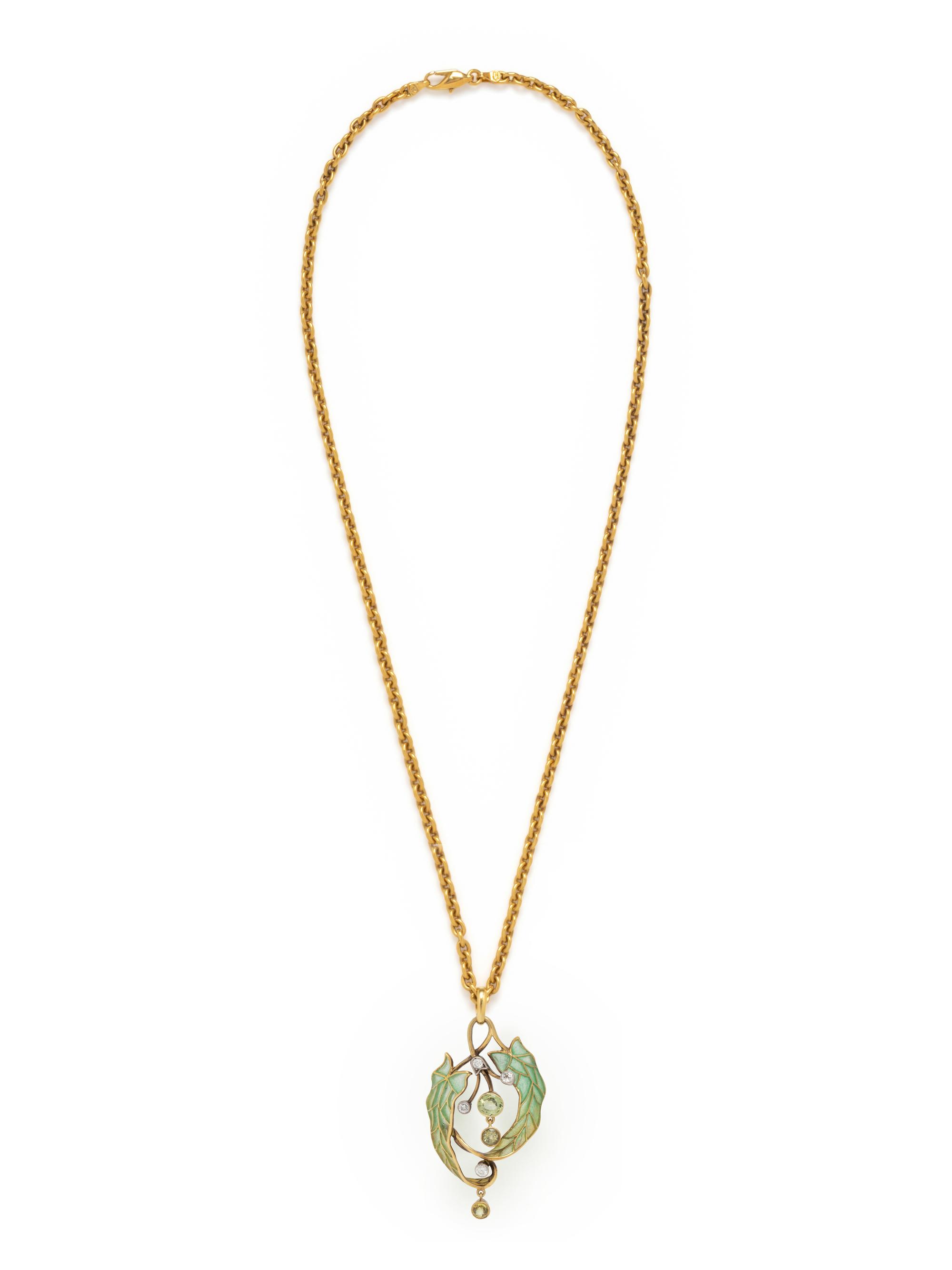 EVELYN CLOTHIER, PLIQUE-À-JOUR ENAMEL, GREEN SAPPHIRE AND DIAMOND PENDANT/NECKLACE