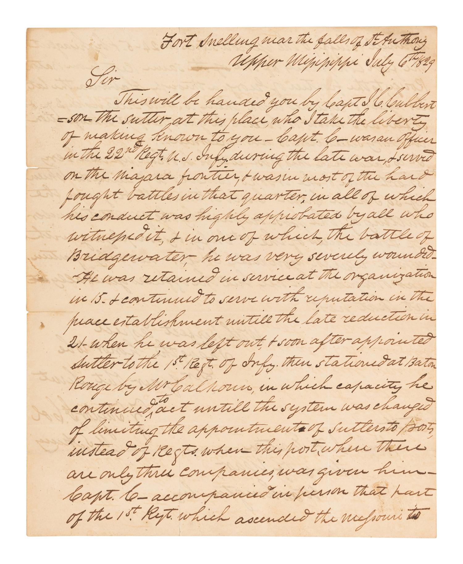 TAYLOR, Zachary (1784-1850). Autograph letter signed ("Z. Taylor"), as Lieutenant Colonel in the U. S. Army, to Hon. J. H. Eaton. Fort Snelling "near the falls of St. Anthony," 6 July 1829.