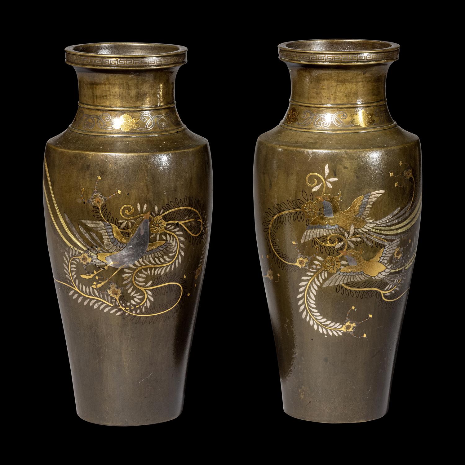 A Pair of Japanese Mixed Metal Vases