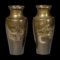A Pair of Japanese Mixed Metal Vases