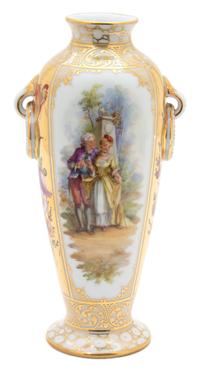 A Dresden Polychrome and Gilt Decorated Vase Height 9 x width 4 x depth 4 inches. — 20TH CENTURY