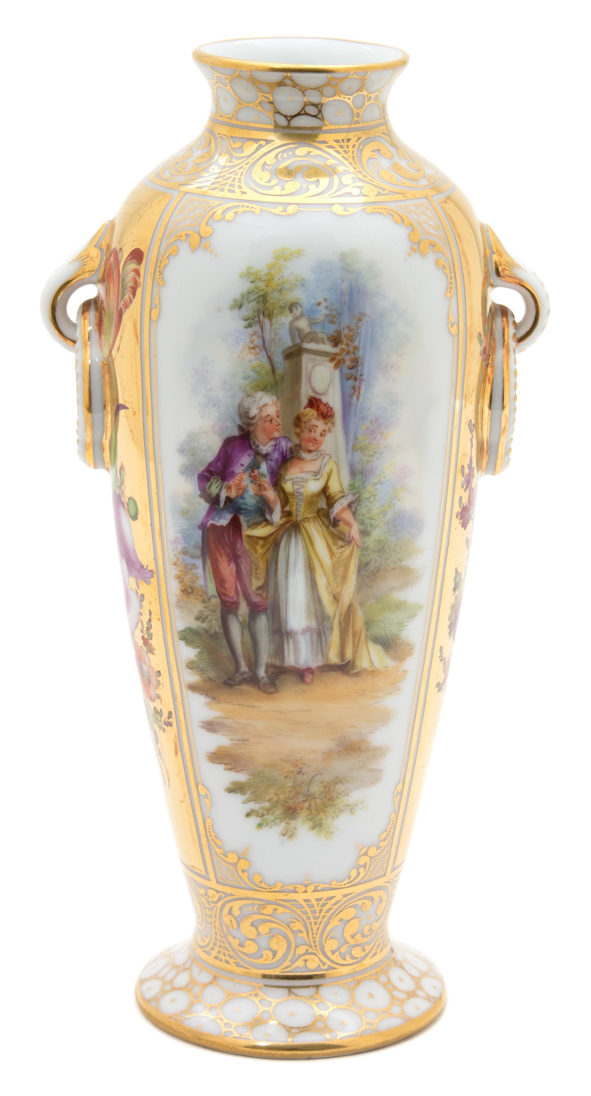 A Dresden Polychrome and Gilt Decorated Vase Height 9 x width 4 x depth 4 inches. — 20TH CENTURY