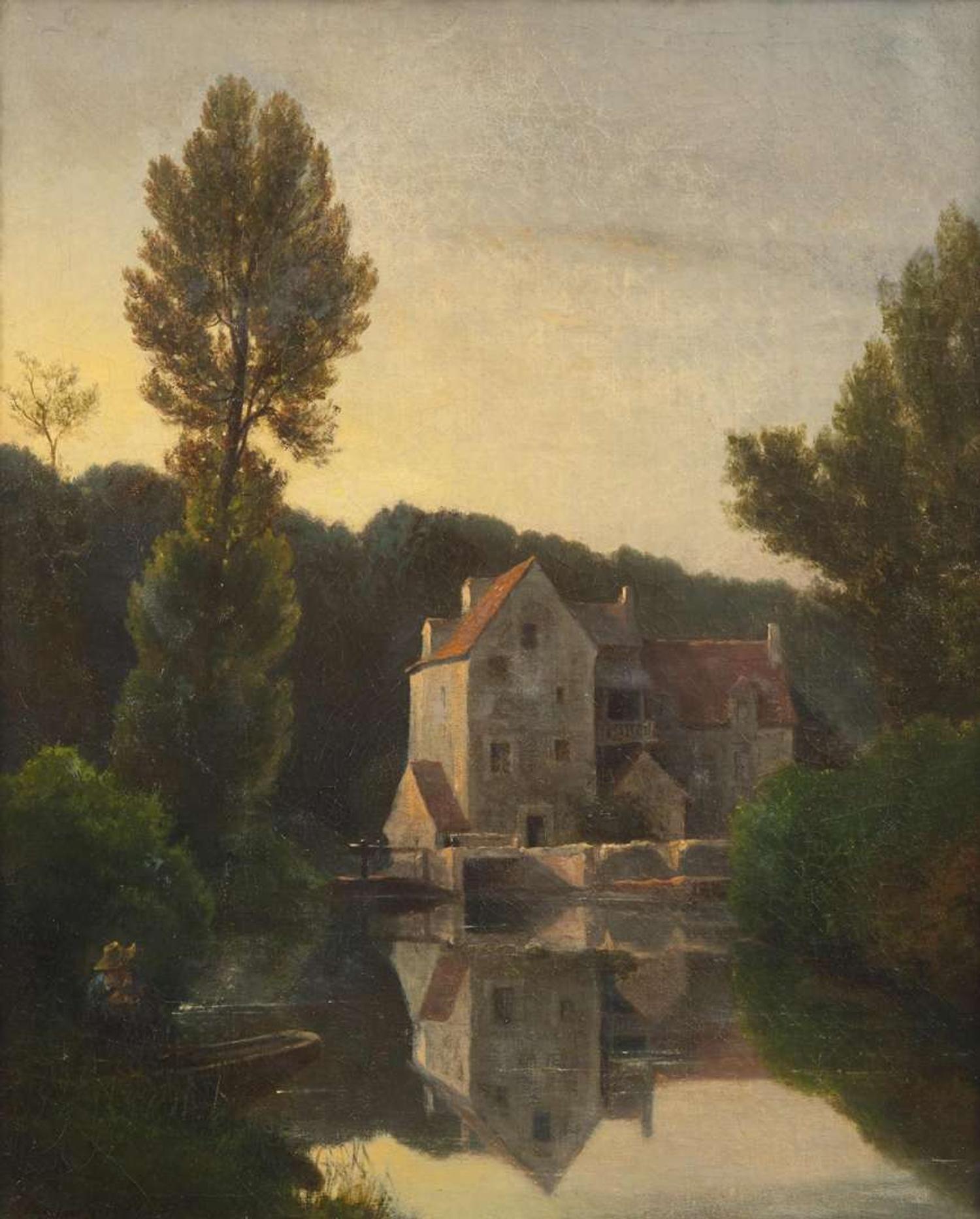 Henri Joseph Harpignies (French, 1819–1916) - Maison au Bord de L’Eau avec un Pêcheur
