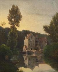 Henri Joseph Harpignies (French, 1819–1916) - Maison au Bord de L’Eau avec un Pêcheur