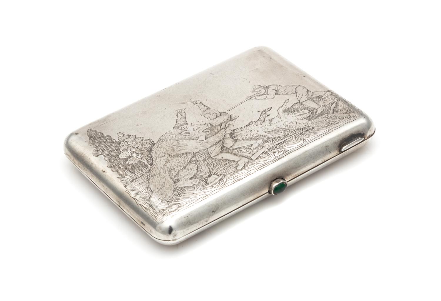 A Russian Silver Cigarette Case, Maker's Mark Obscured, Odessa, Early 20th Century, the lid engraved to show a man being mauled by a be