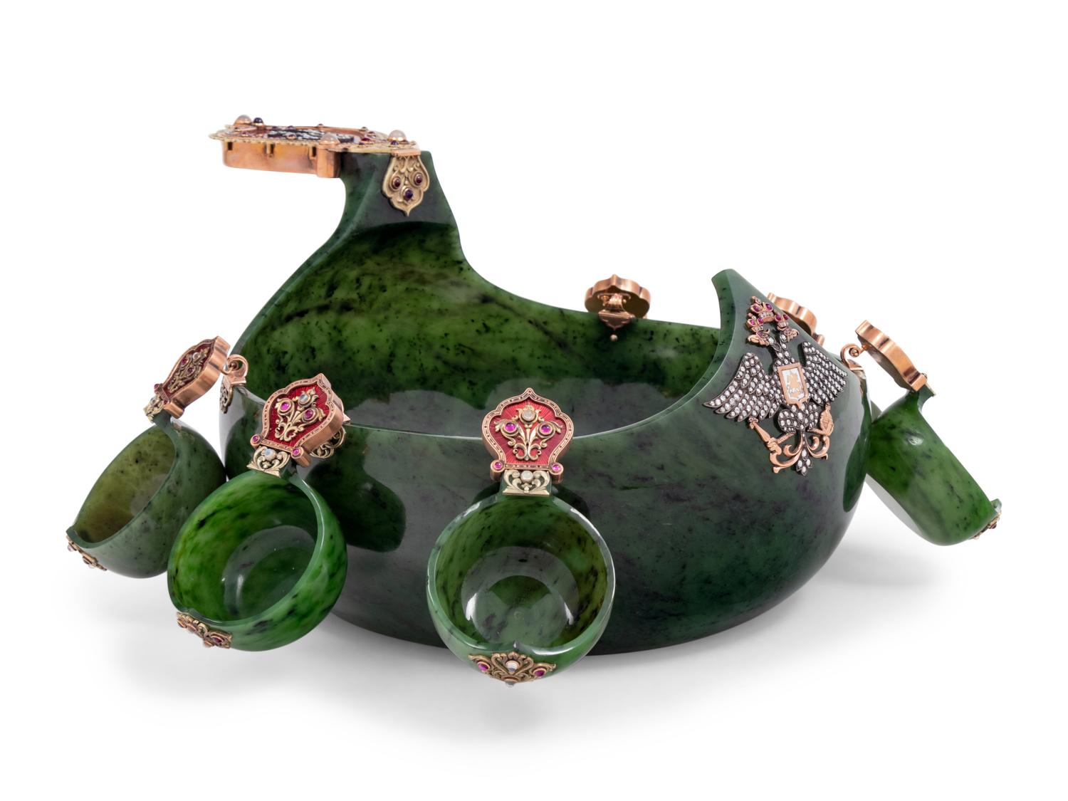 A Large Russian 14-Karat Gold, Enamel and Gemstone Mounted Spinach Jade Kovsh-Form Punch Service
