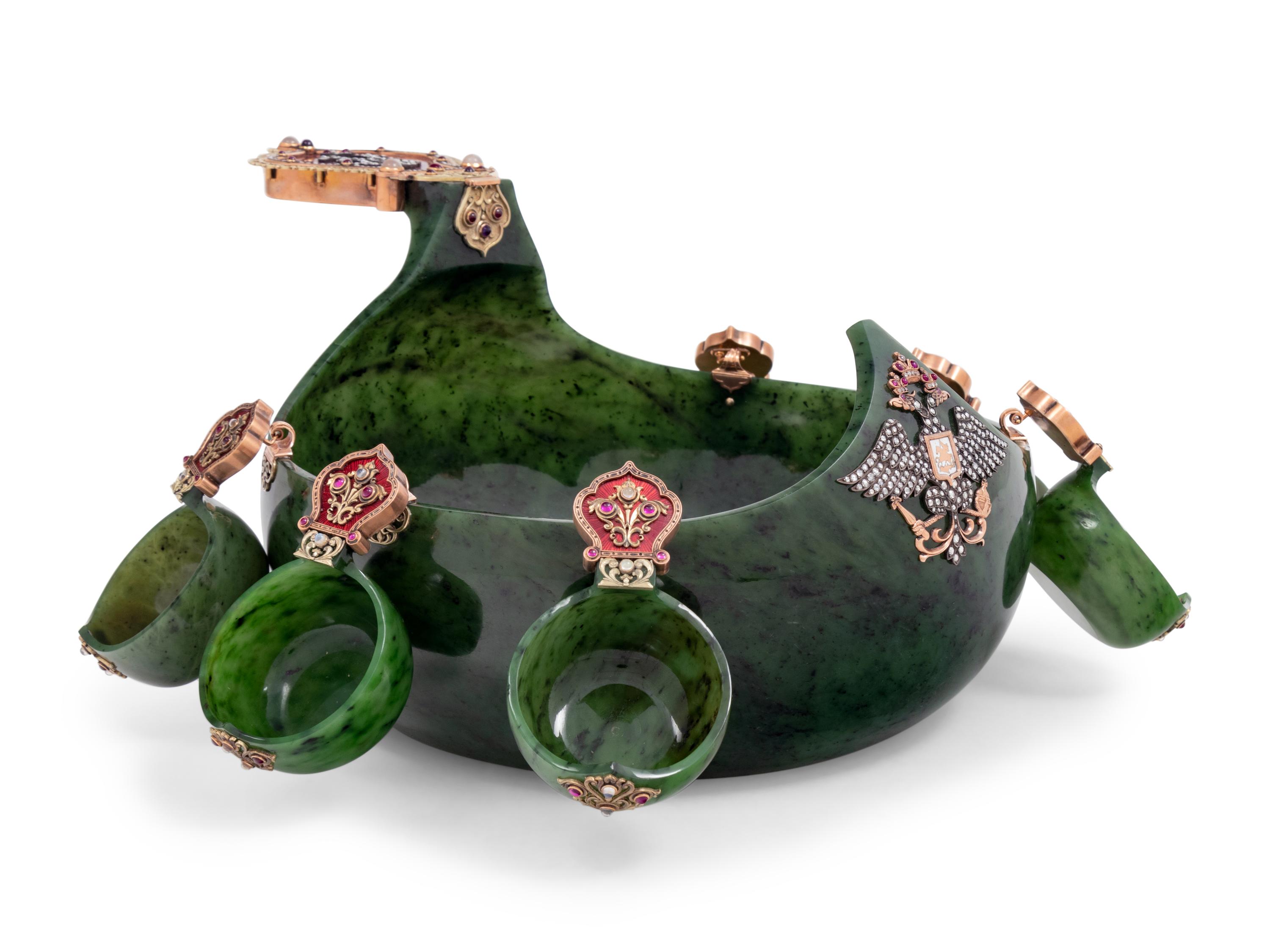A Large Russian 14-Karat Gold, Enamel and Gemstone Mounted Spinach Jade Kovsh-Form Punch Service