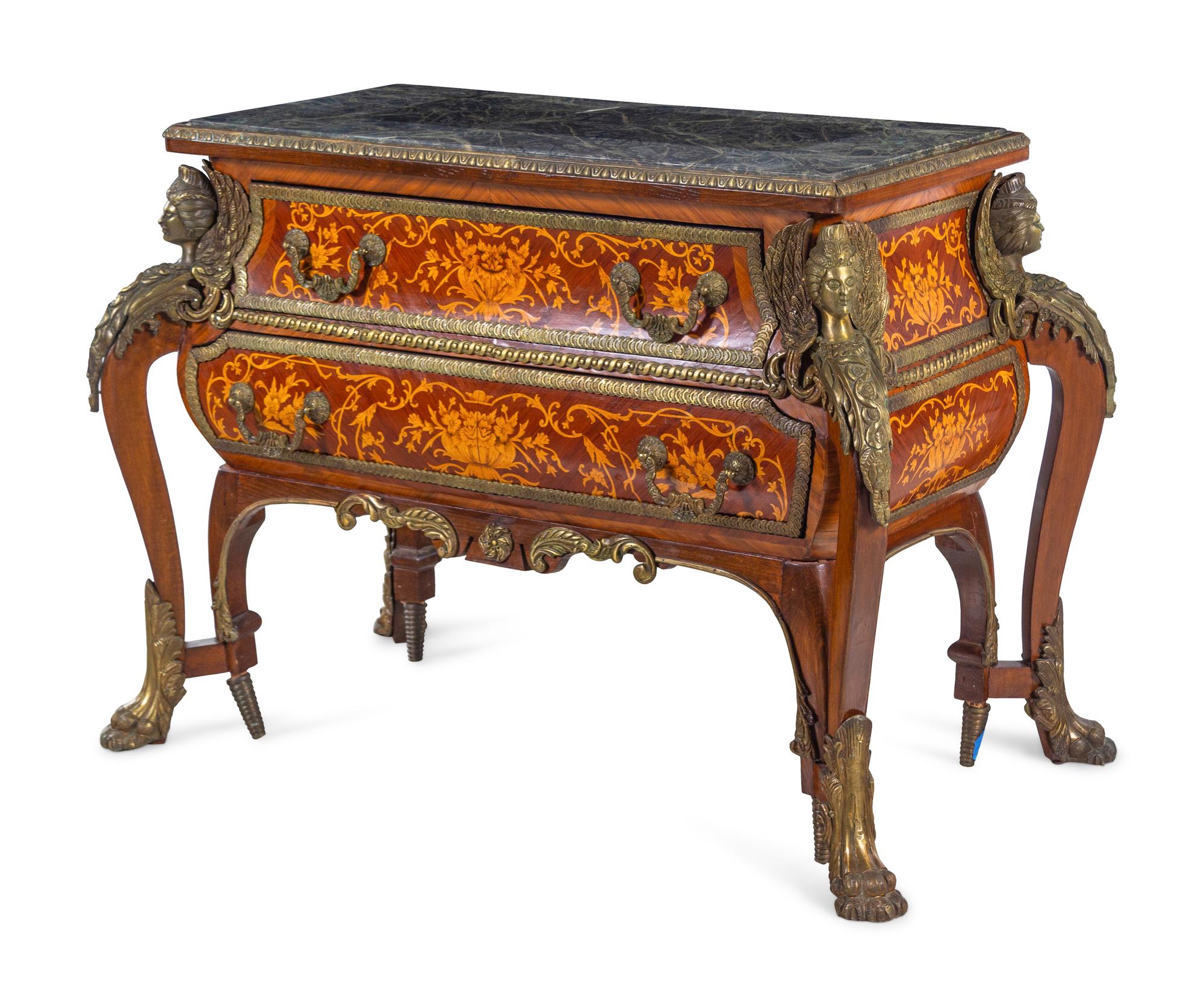 A Louis XIV Style Gilt Bronze Mounted Marquetry Marble-Top Commode After the Model by André-Charles Boulle