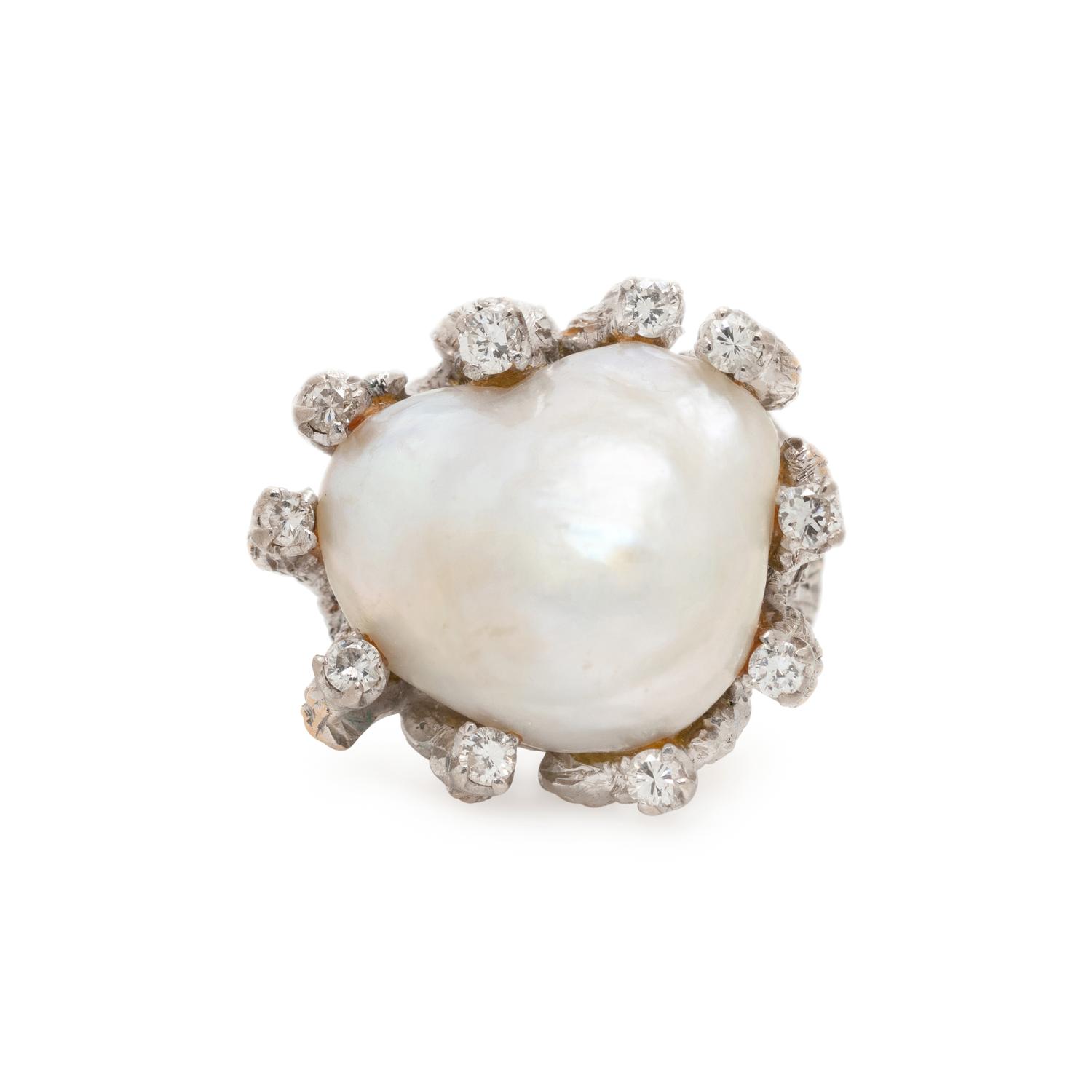 BRUTALIST, CULTURED BAROQUE PEARL AND DIAMOND RING