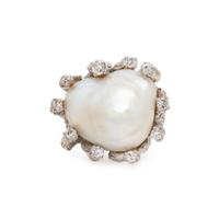 BRUTALIST, CULTURED BAROQUE PEARL AND DIAMOND RING