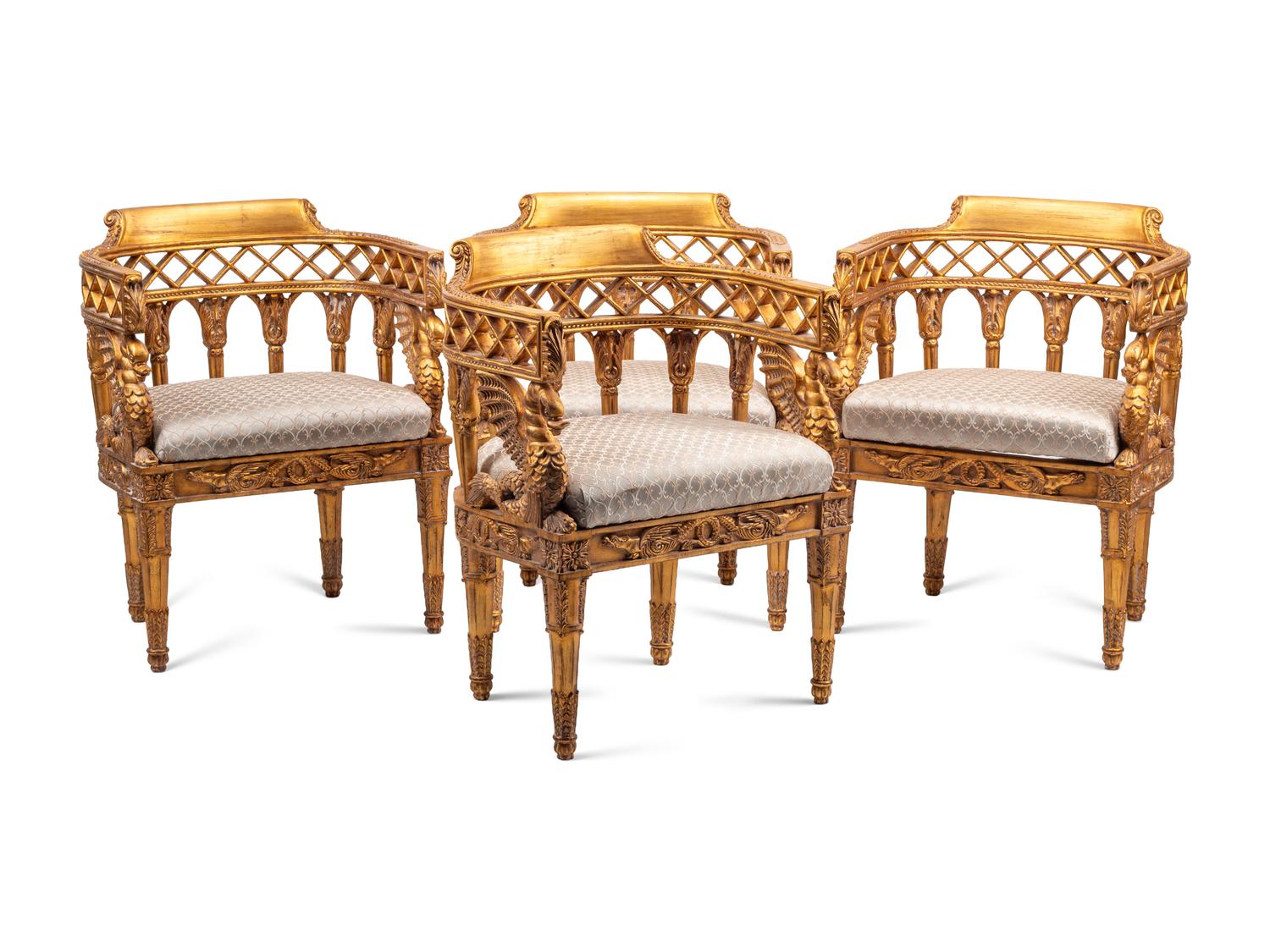 A Set of Four Italian Neoclassical Style Giltwood Armchairs