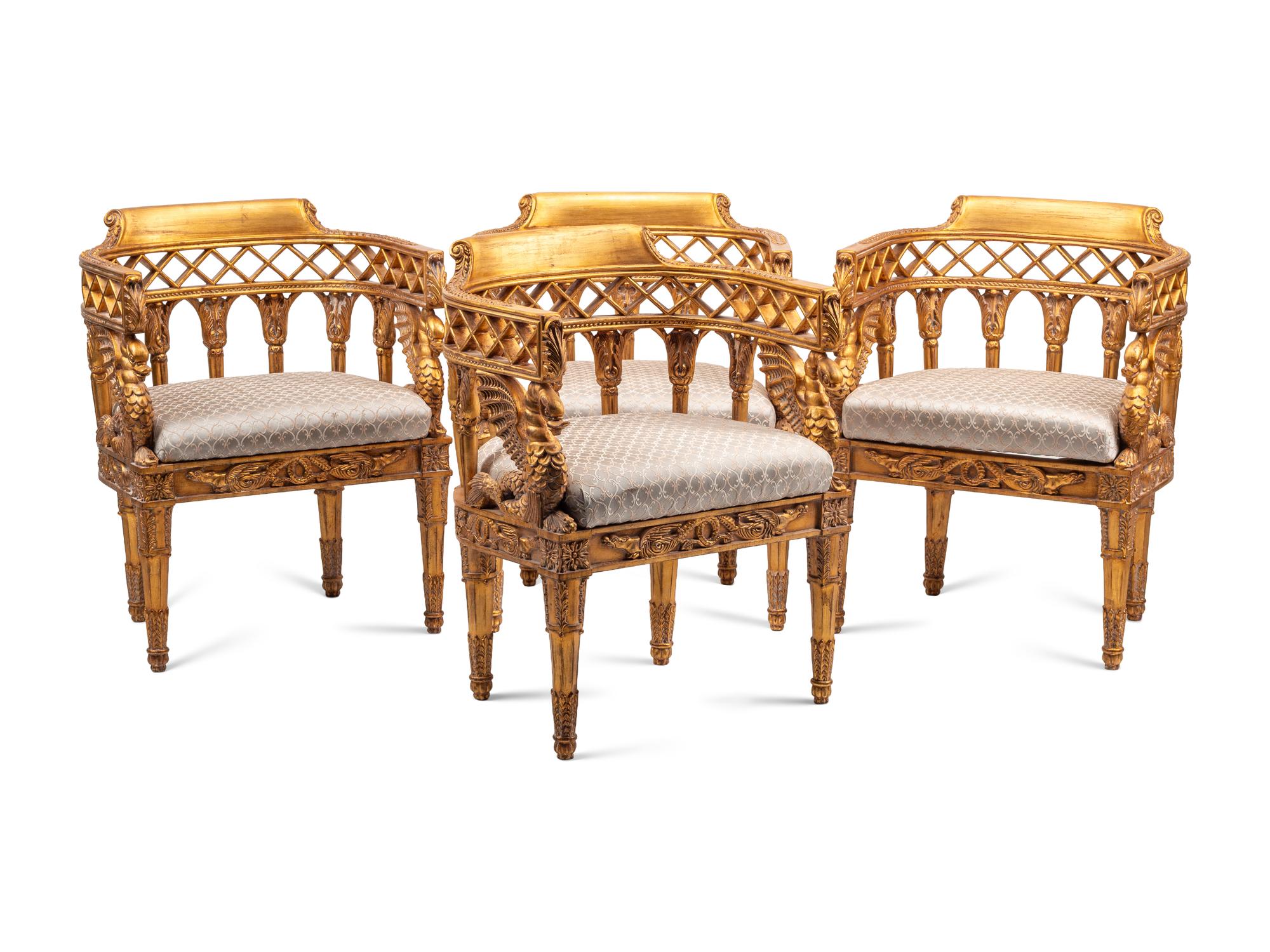 A Set of Four Italian Neoclassical Style Giltwood Armchairs